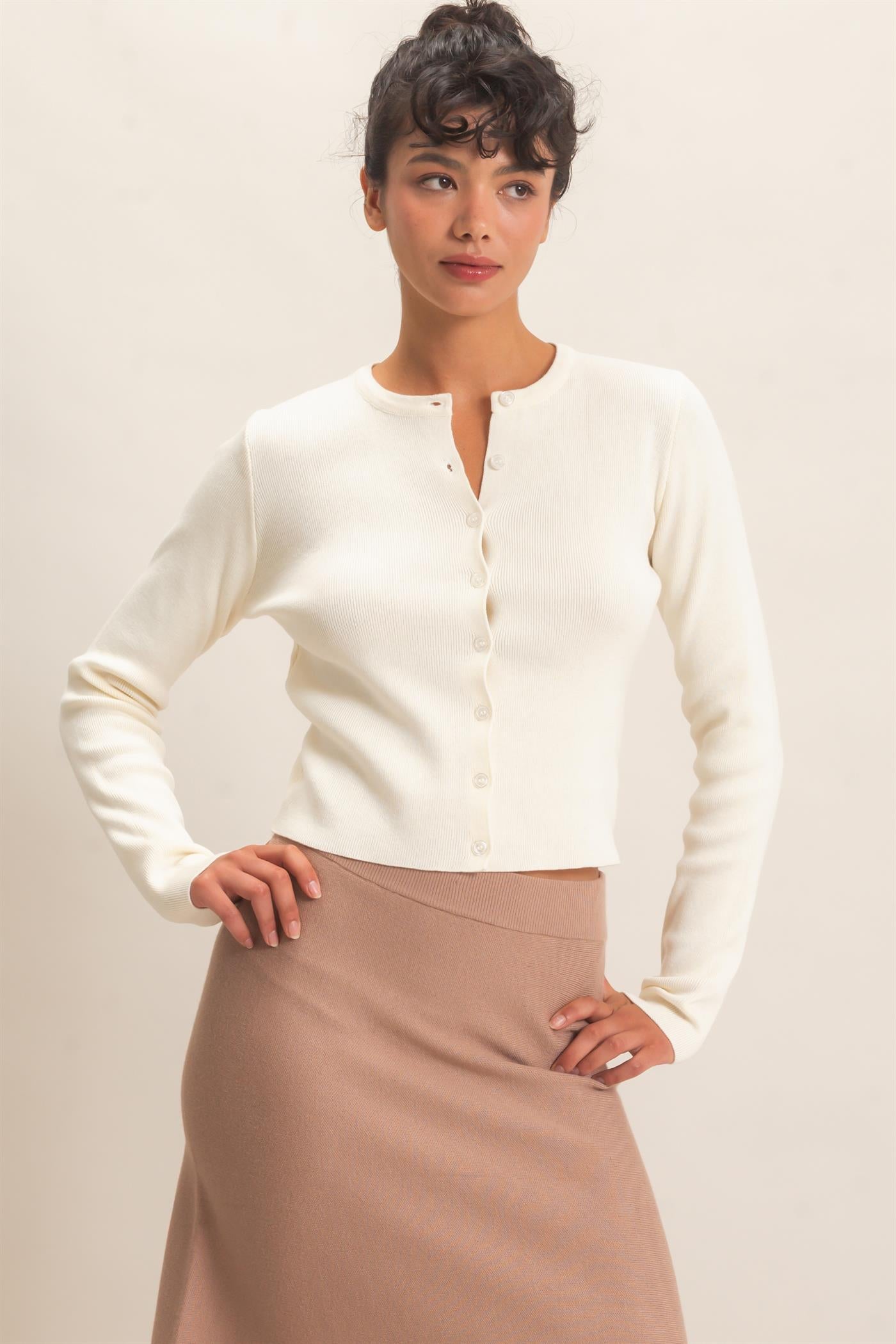 Wholesale Ribbed Crew Neck Cardigan Cardigans DZ27A153 CREAM DOUBLE ZERO