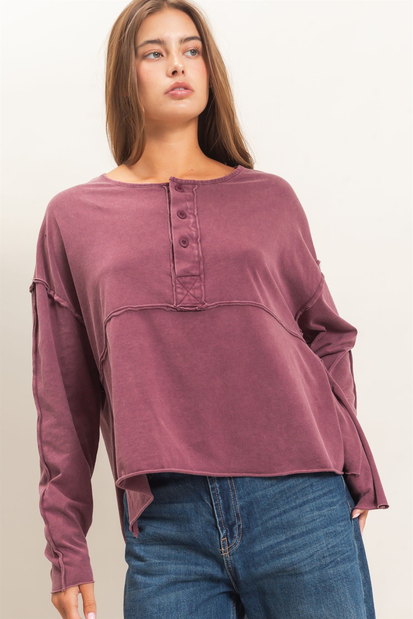 Wholesale Oversized Henley Top With Raw Edges Clothing Tops DZ26F128 DARK CHERRY DOUBLE ZERO