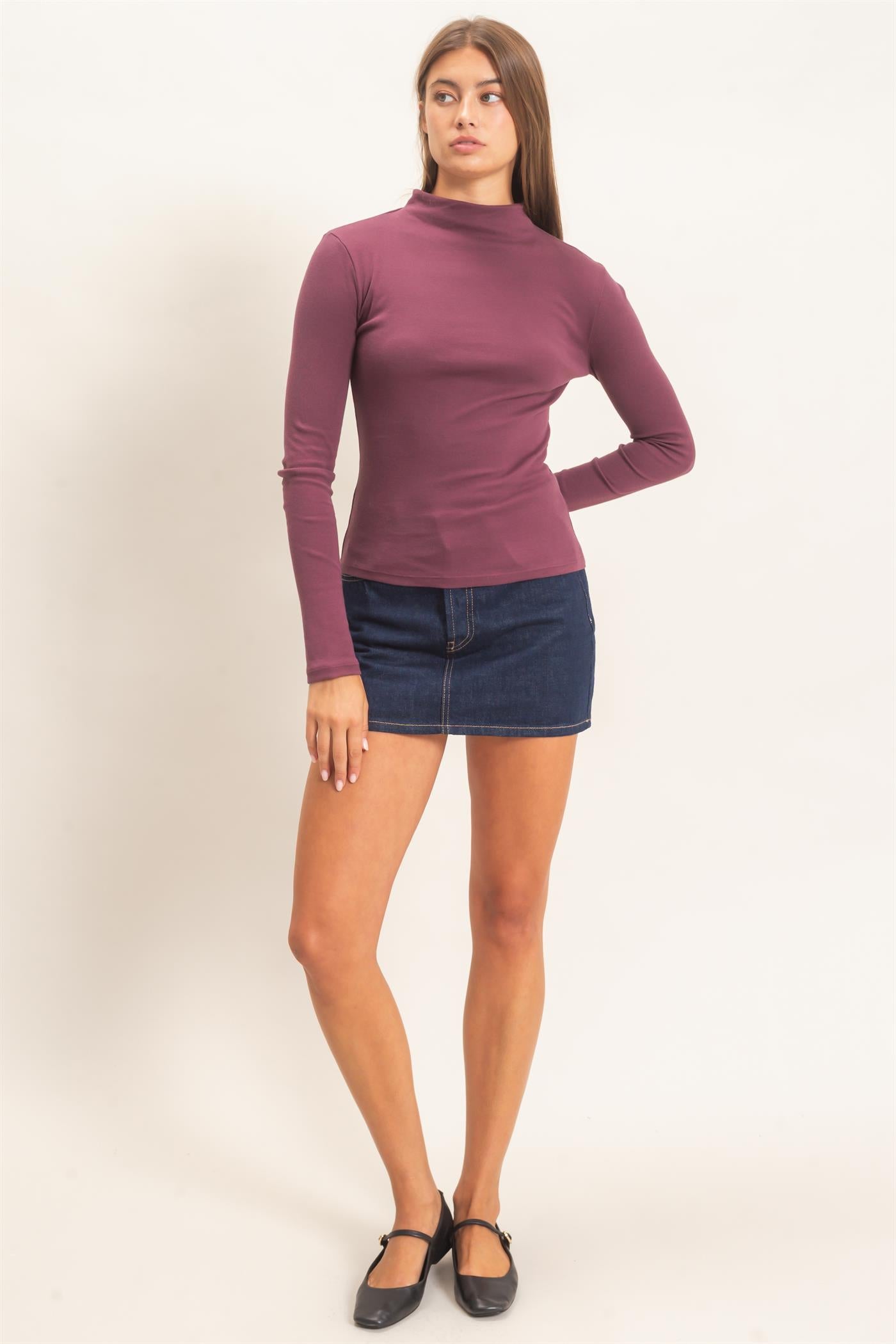 Wholesale Mock Neck Long Sleeve Top Clothing Tops DZ26F281 DARK CHERRY DOUBLE ZERO