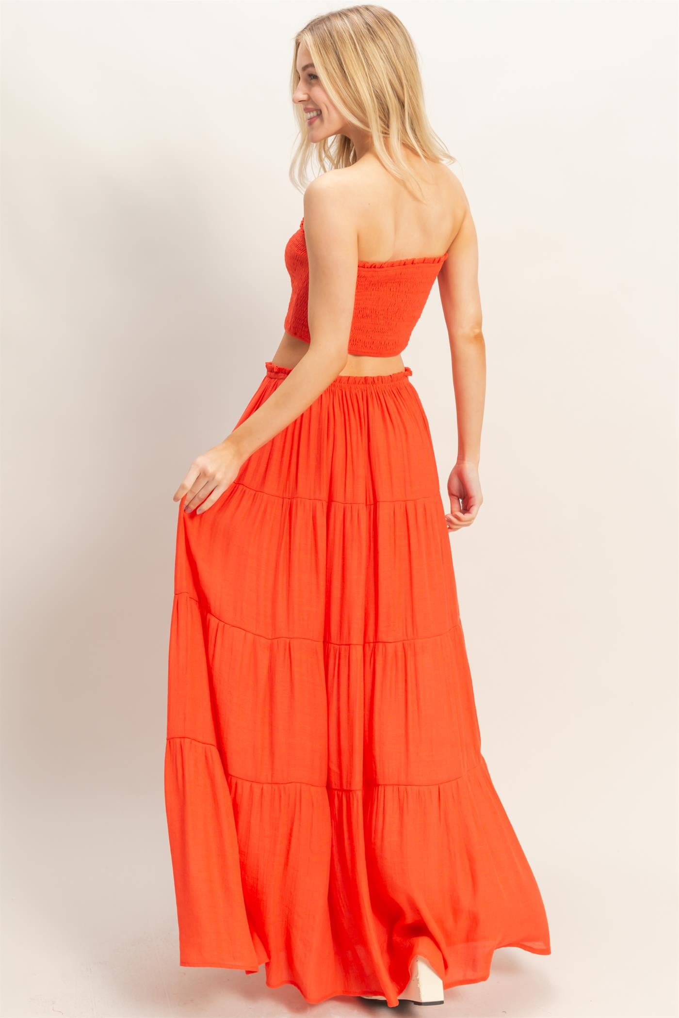 Wholesale Smocked Tube Top & Tiered Skirt Set Clothing HF26C289-SET-D ORANGE RED HYFVE