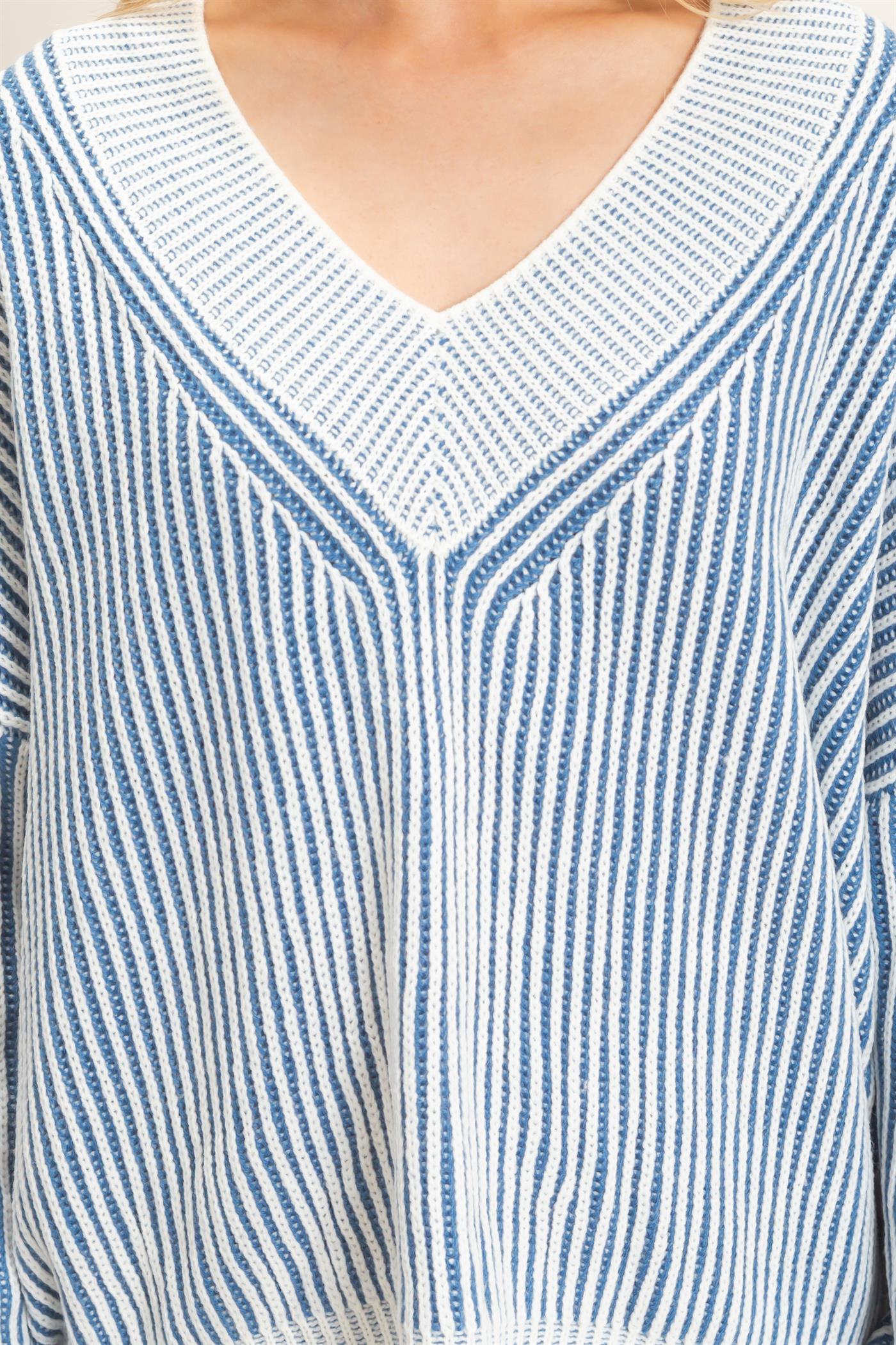 Wholesale Striped V-Neck Ribbed Sweater Sweaters HF26F202 BLUE HYFVE