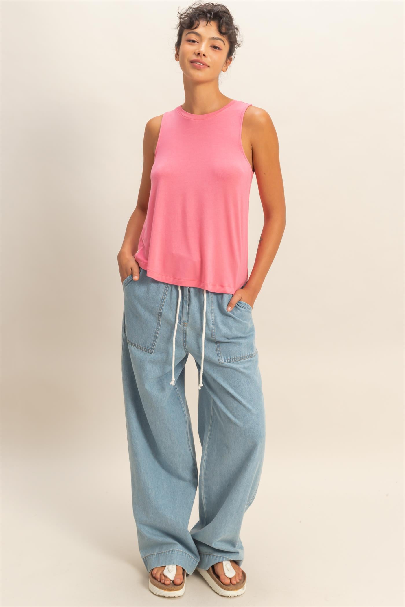 Wholesale Crew Neck Rayon Tank Top Tank Tops DZ26A332 TAFFY PINK DOUBLE ZERO