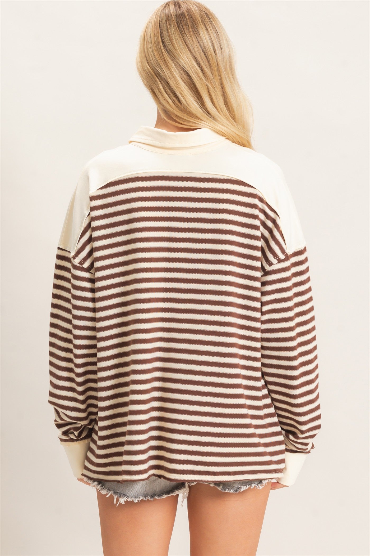 Wholesale Striped Henley Sweatshirt Clothing Tops HF26F089 CHESTNUT HYFVE