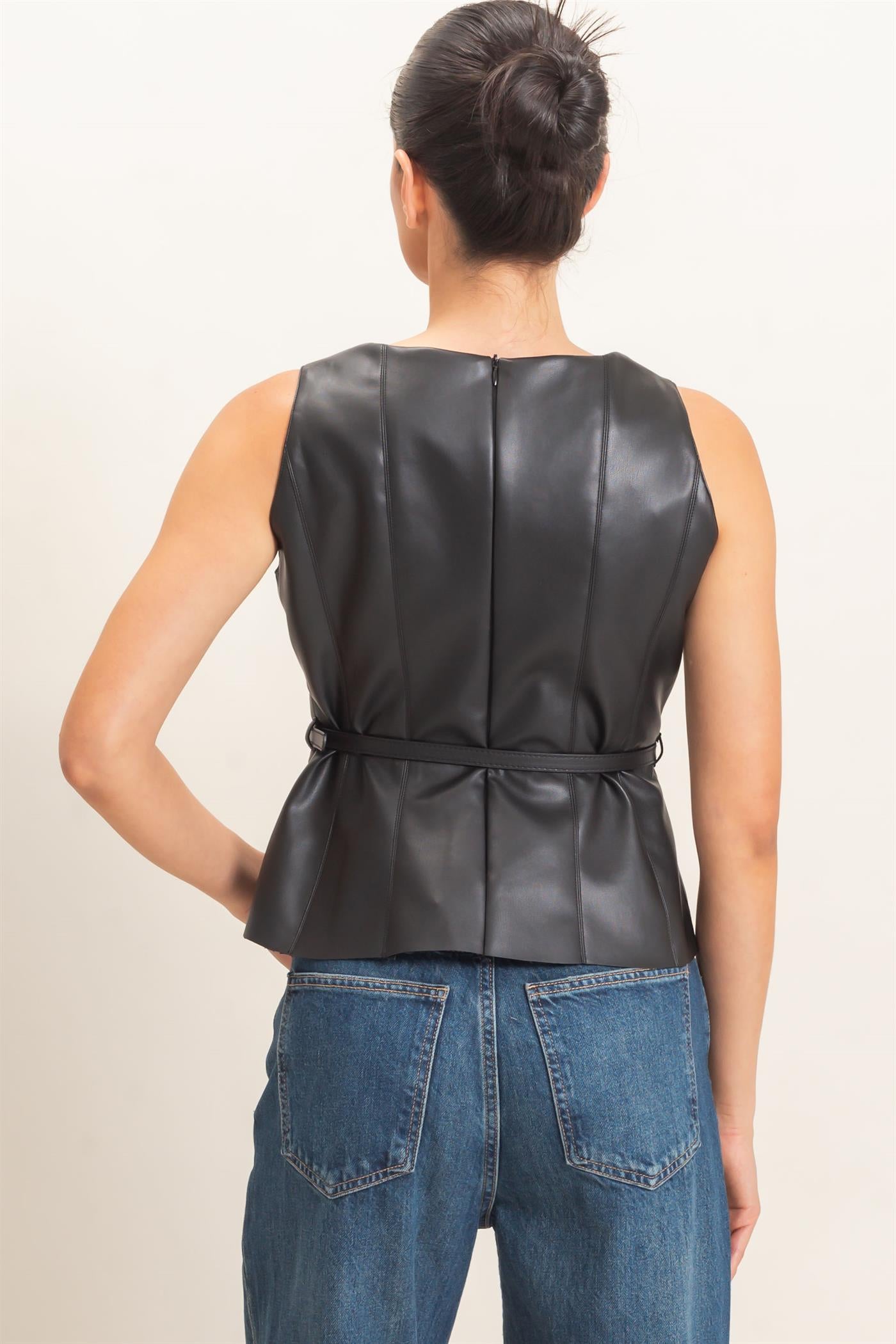 Wholesale Sleek Faux Leather Belted Top Clothing Tops HF26E543 BLACK HYFVE