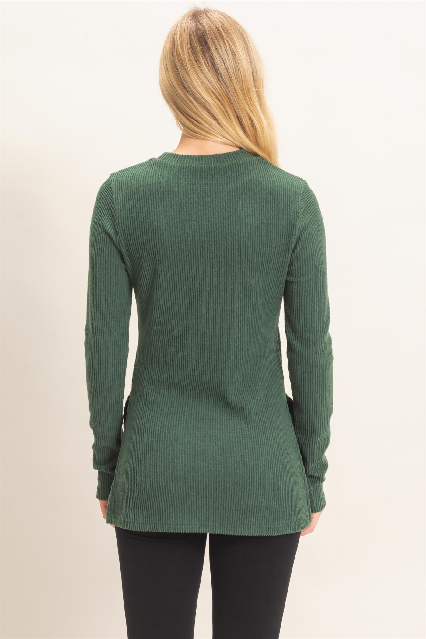 Wholesale Ribbed Crew Neck Sweater Clothing Tops HF26F034 GREEN HYFVE