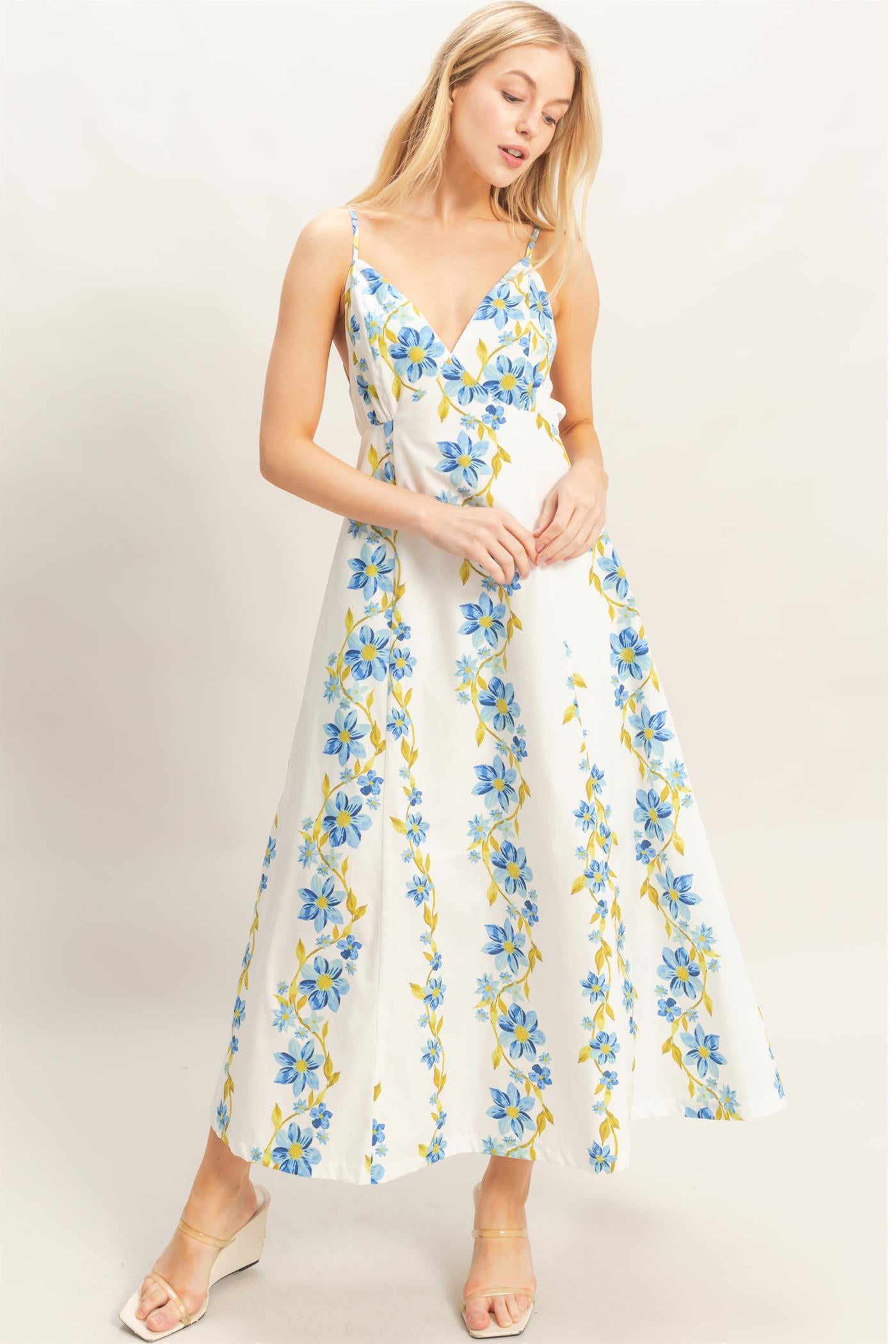 Wholesale Floral V-Neck Cami Dress Dresses HF26A493 BLUE HYFVE