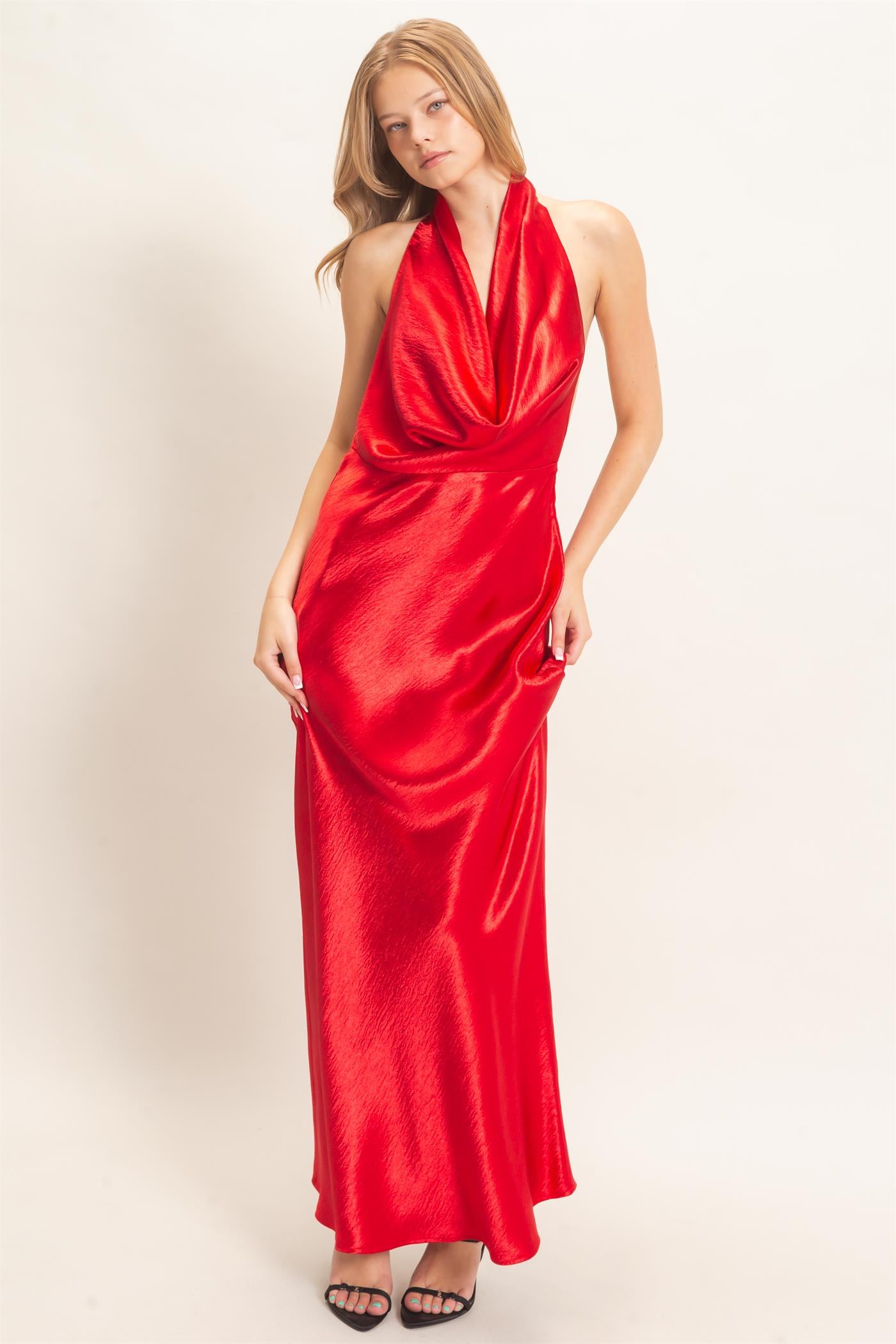 Wholesale Satin Cowl Neck Maxi Dress Dresses HF26F216-D RED HYFVE