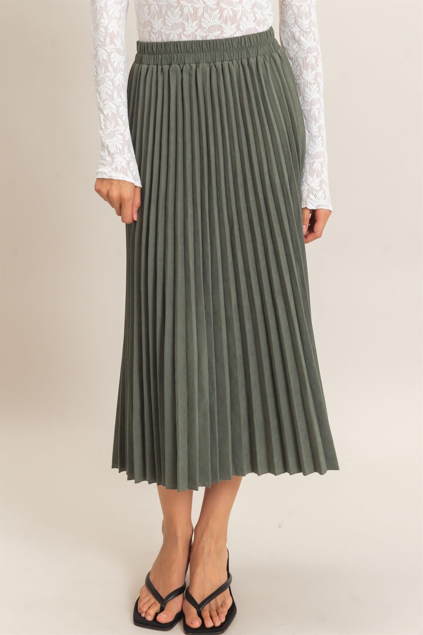 Wholesale Suede Accordion Pleated Skirt Skirts HF26F084-D FOREST GREEN HYFVE