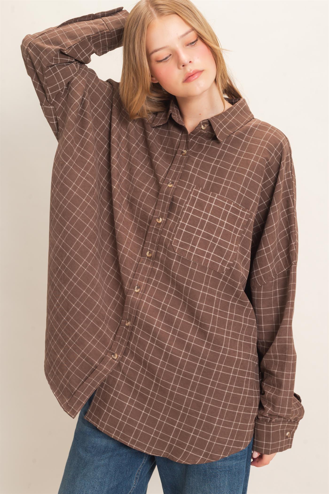 Wholesale Plaid Button-Up Shirt Shirts HF26E734 BROWN HYFVE