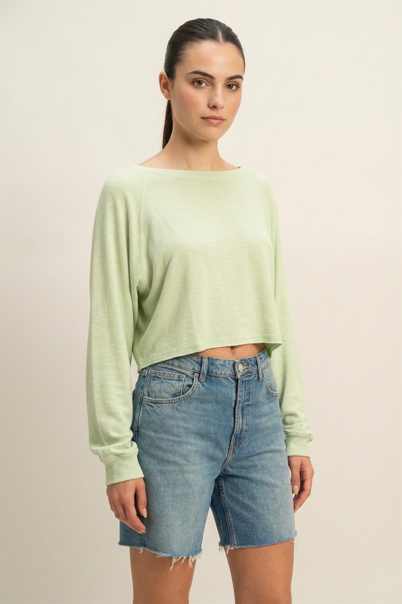 Wholesale Long Sleeve Round Neck Top Clothing Tops DZ22E691 PASTEL GREEN DOUBLE ZERO