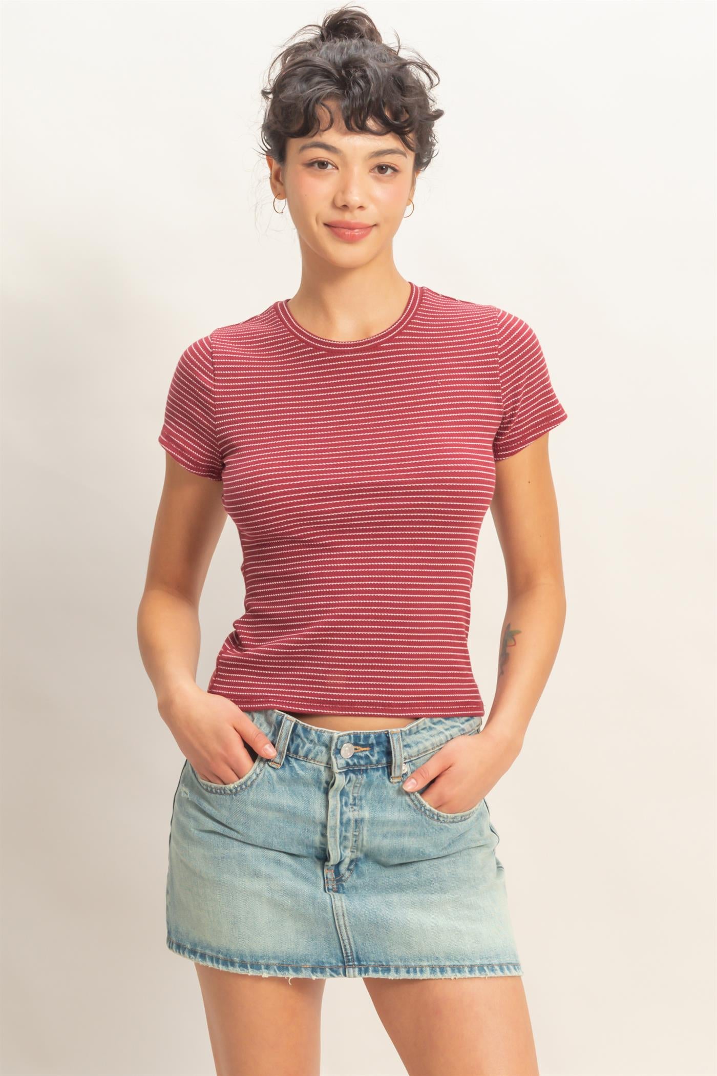 Wholesale Striped Ribbed Crew Neck Top Clothing Tops DZ26C281 DARK RED DOUBLE ZERO