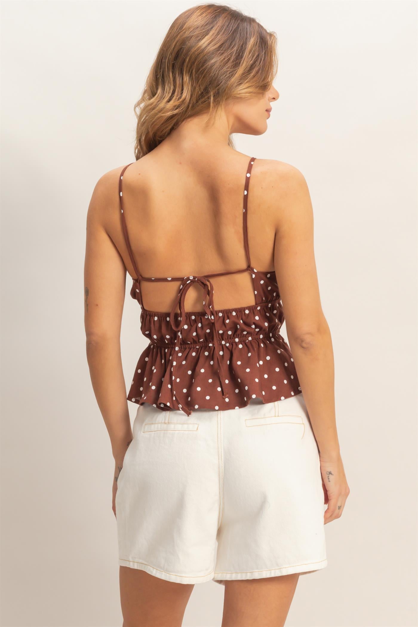 Wholesale Polka Dot Halter Peplum Top Blouses HF26C526-D CHESTNUT HYFVE