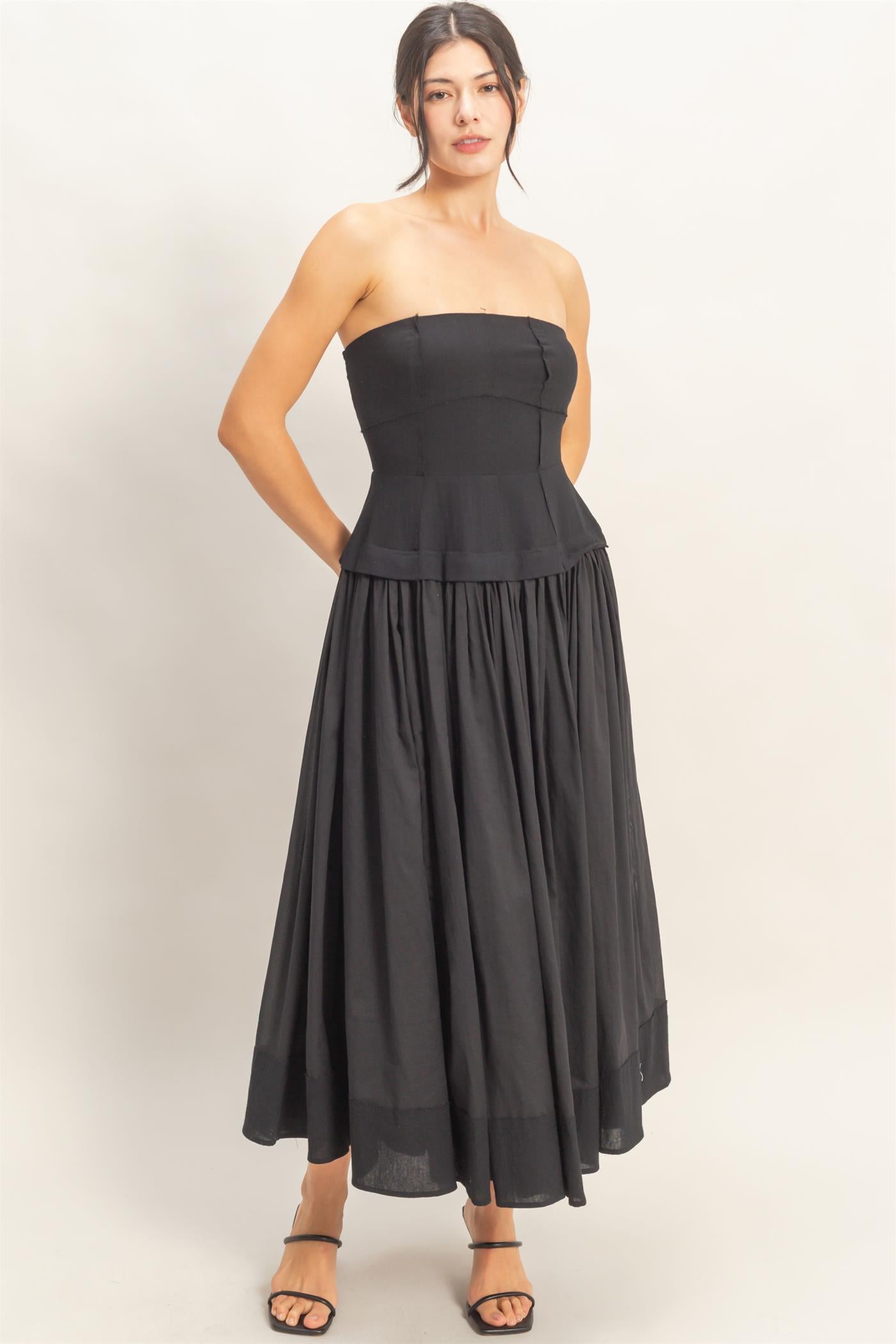 Wholesale Strapless Tiered Maxi Dress Dresses HF26A570 BLACK HYFVE