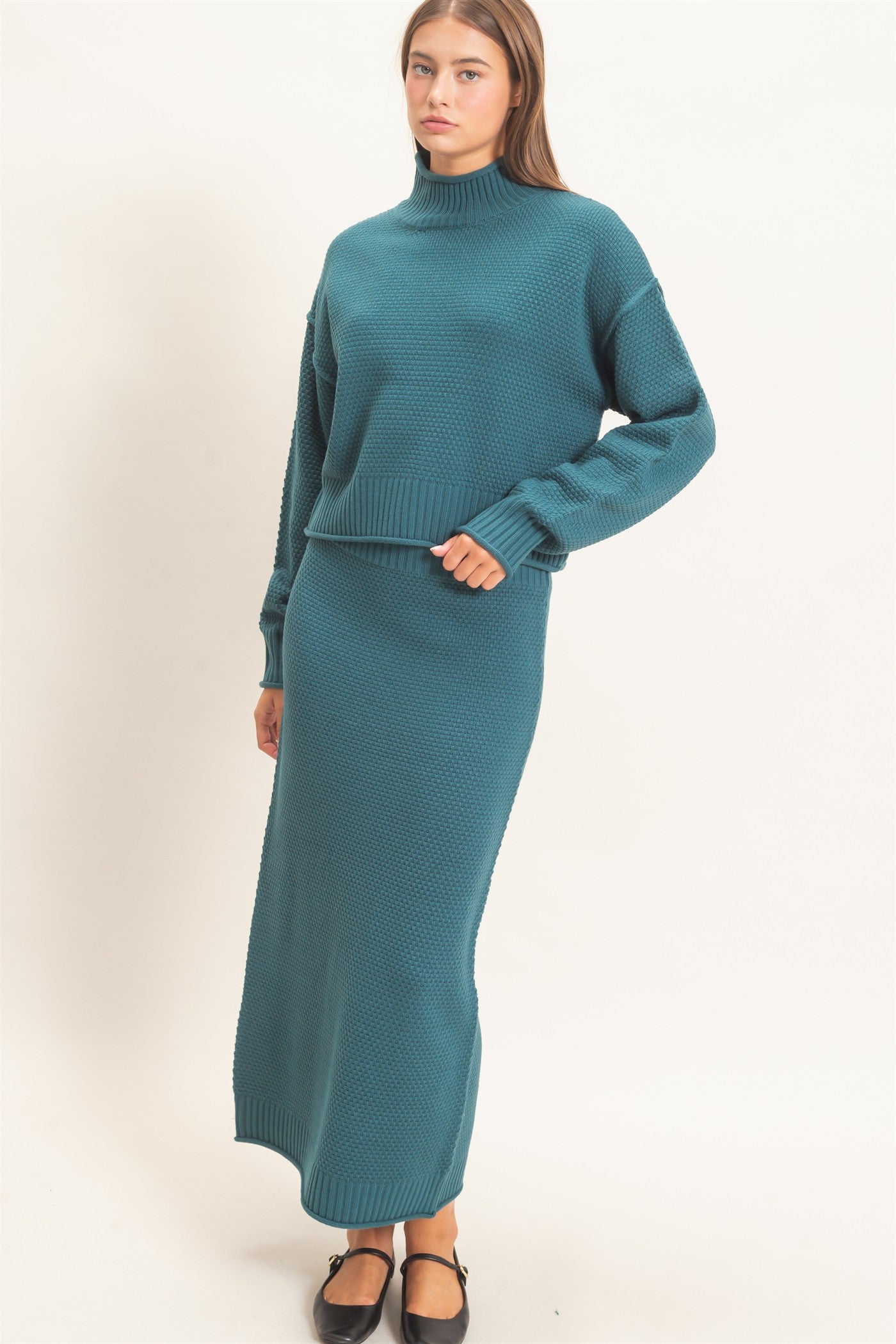 Wholesale High Neck Long Sleeve Top & Maxi Skirt Set Clothing DZ26E272-SET DARK TEAL DOUBLE ZERO