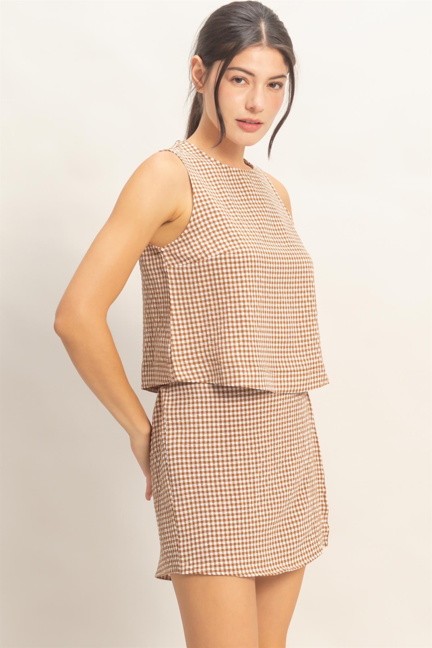 Wholesale Gingham Checkered Sleeveless Top And Skort Set Clothing DZ26C688-SET BROWN DOUBLE ZERO