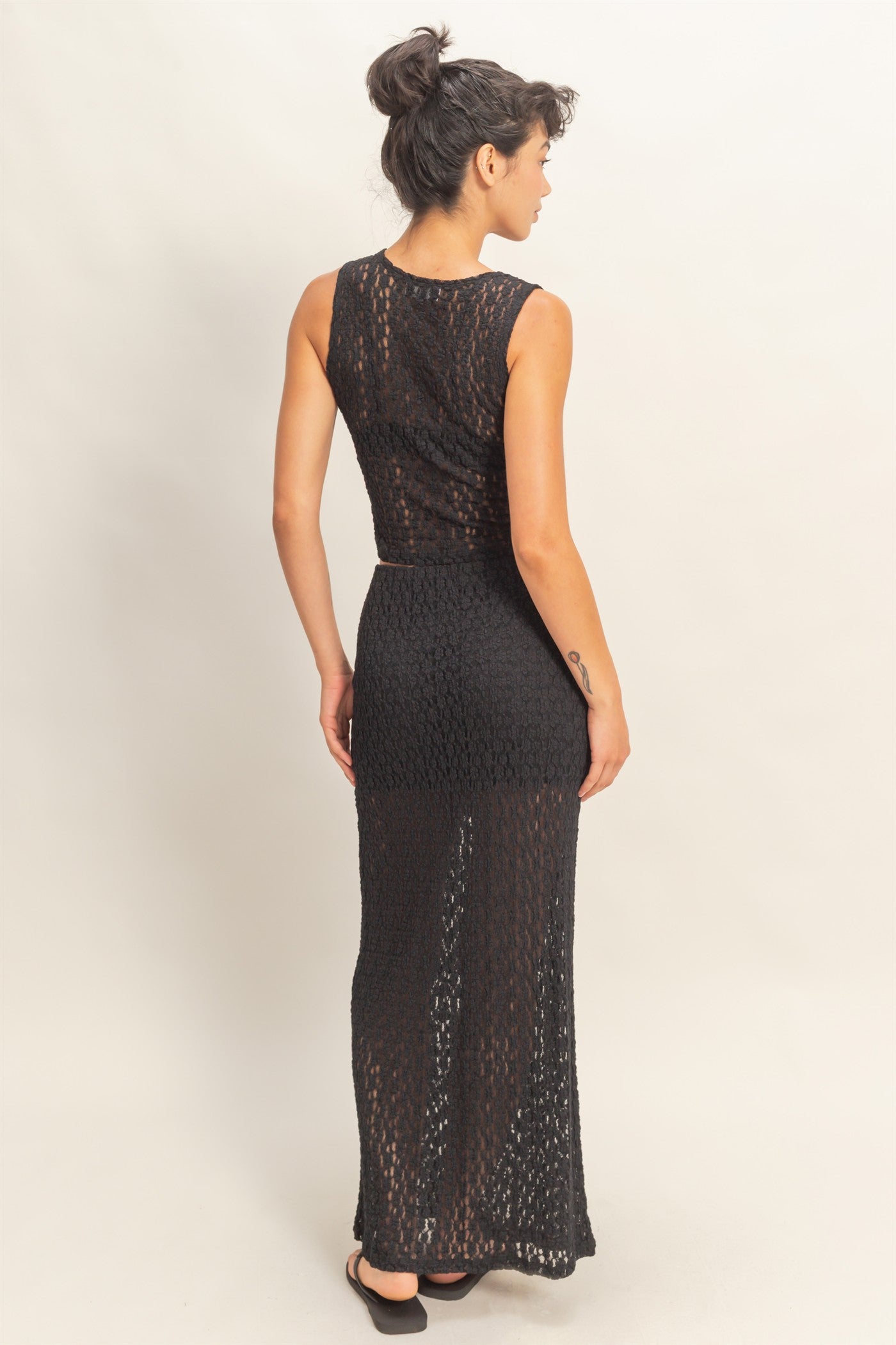 Wholesale Round Neck Lace Top & Lace Maxi Skirt Set Clothing DZ26C670-SET BLACK DOUBLE ZERO