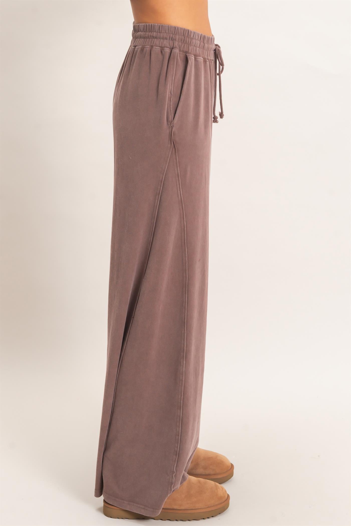 Wholesale Wide Leg Mineral Wash Pants Pants DZ26F406 DARK BROWN DOUBLE ZERO