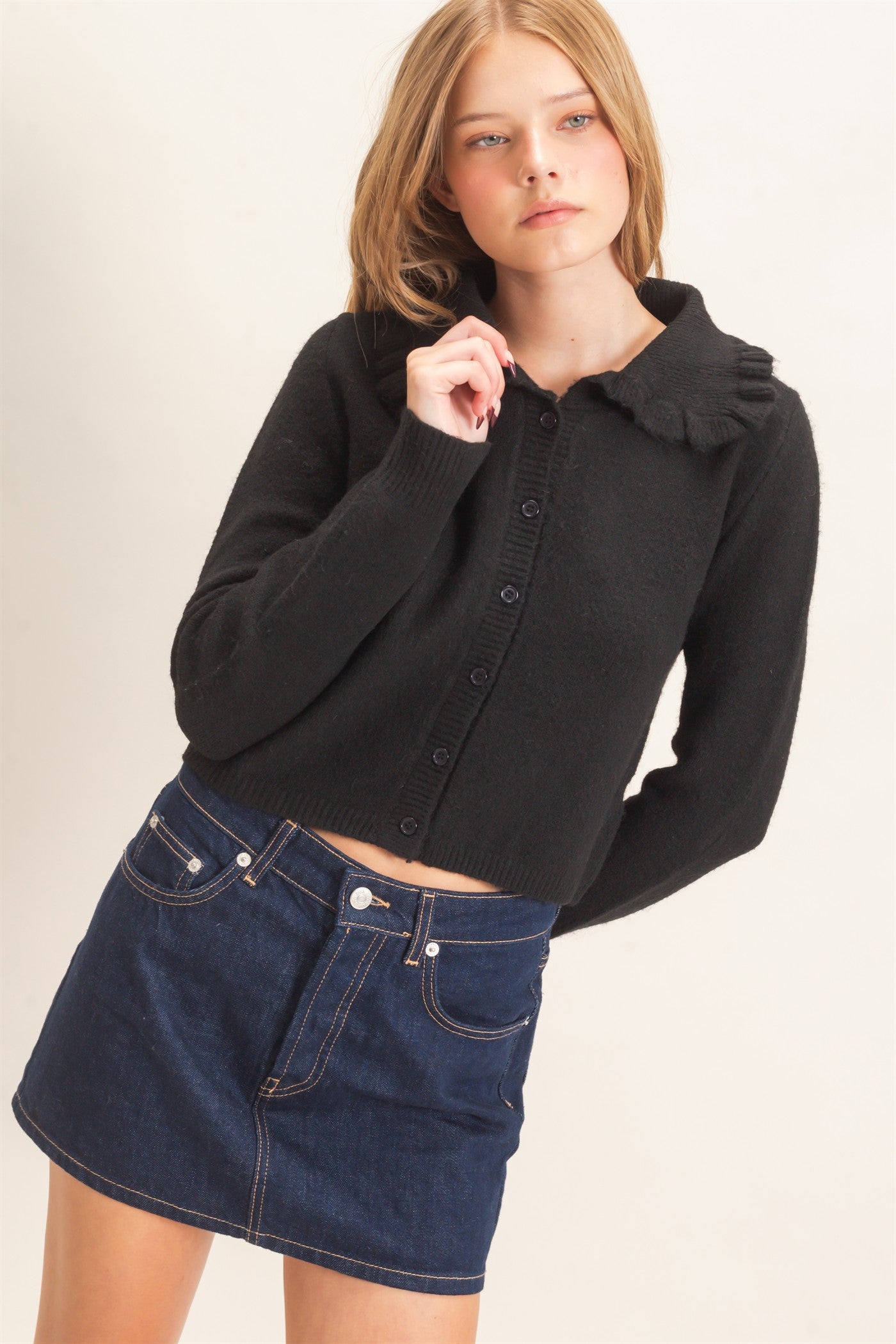 Wholesale Ruffled Collar Knit Cardigan Cardigans HF26E162-D BLACK HYFVE