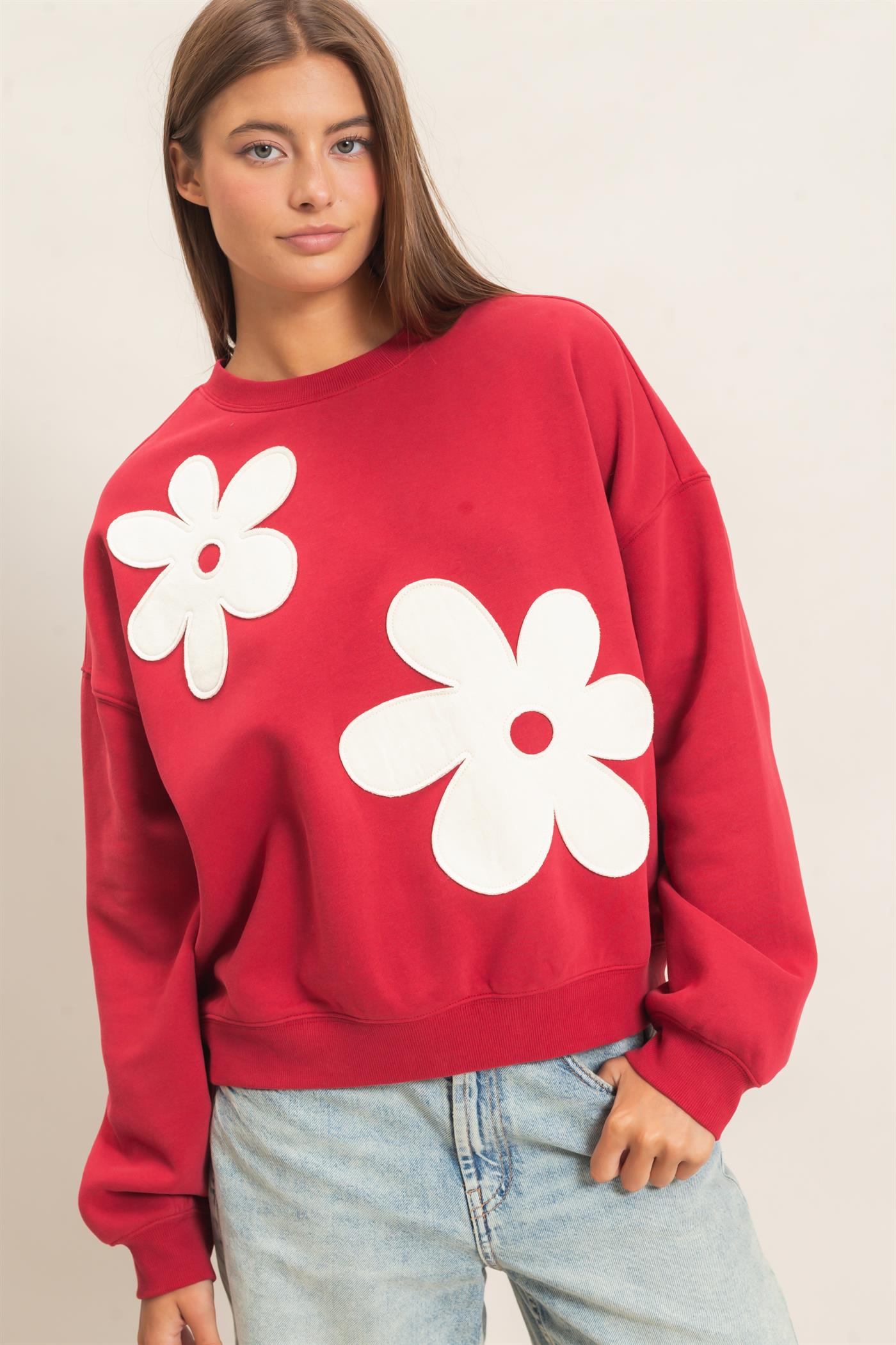 Wholesale Floral Applique Crew Neck Sweatshirt Sweatshirts DZ26E708 DARK RED DOUBLE ZERO