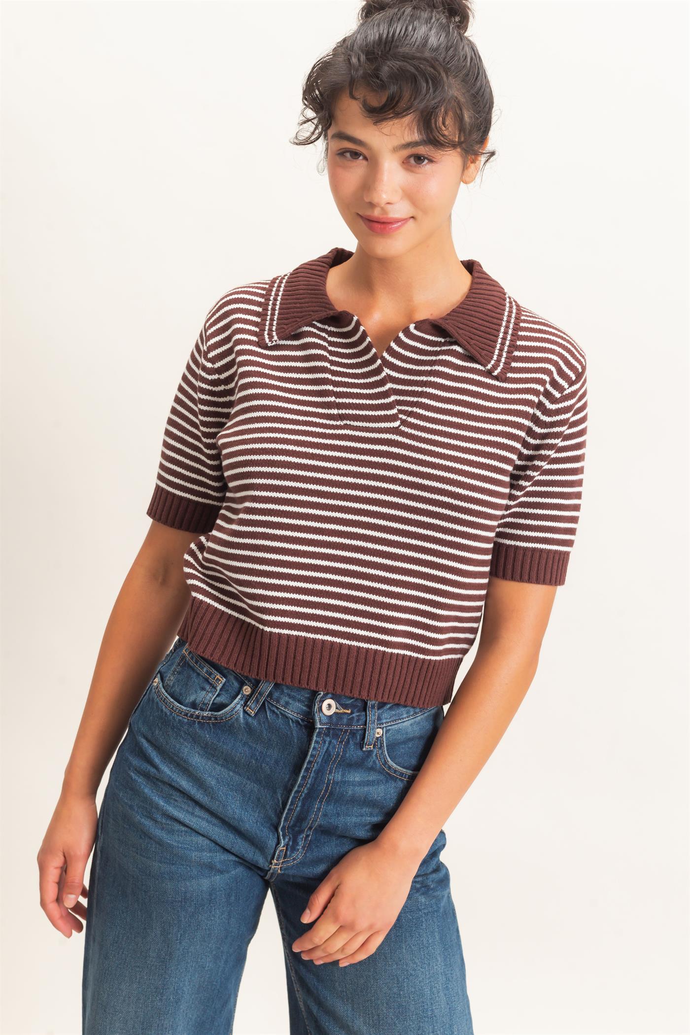 Wholesale Striped Short Sleeve Collar Knit Top Clothing Tops DZ26E261 DARK BROWN DOUBLE ZERO