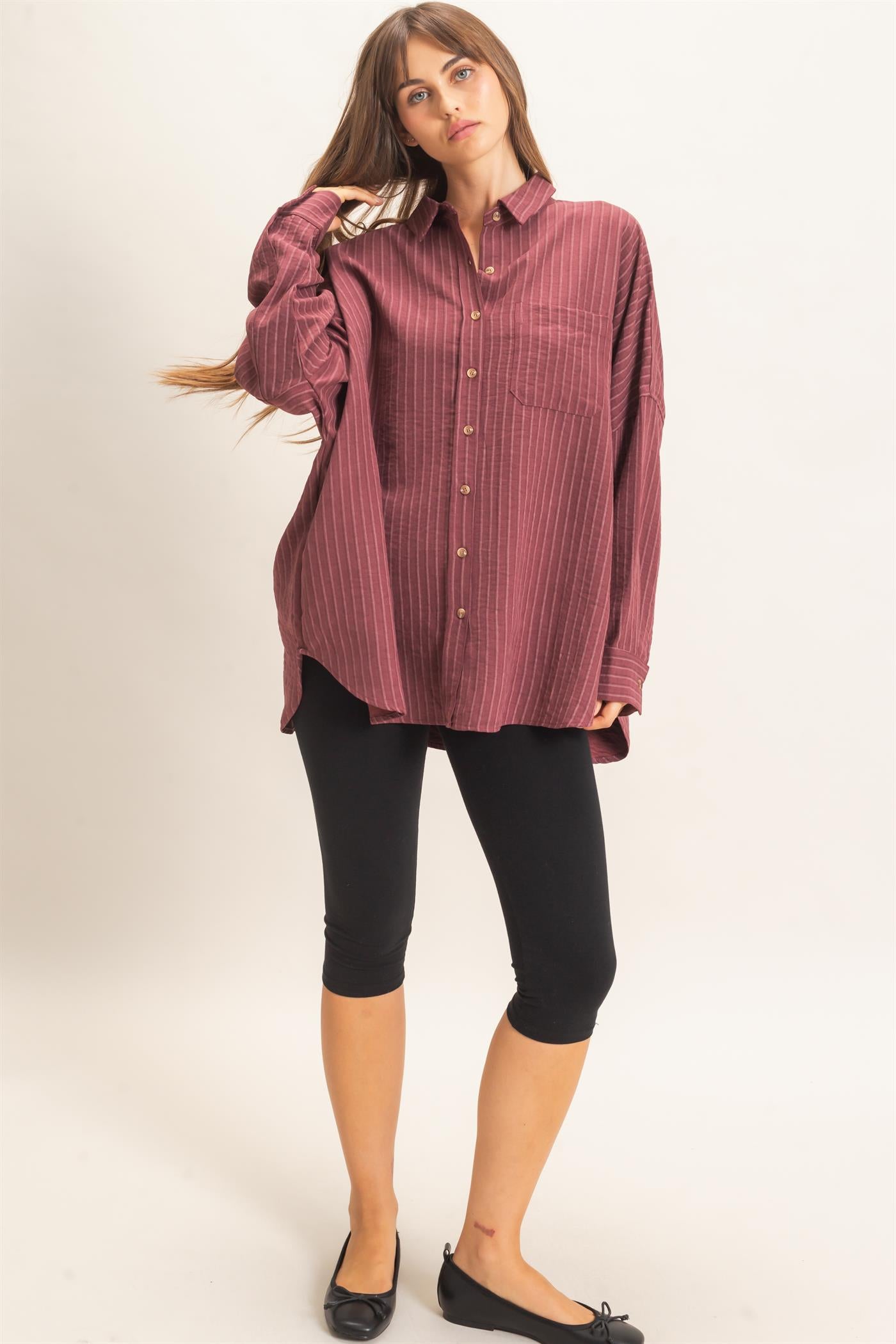 Wholesale Striped Button-Up Shirt Shirts HF26F134 WINE HYFVE