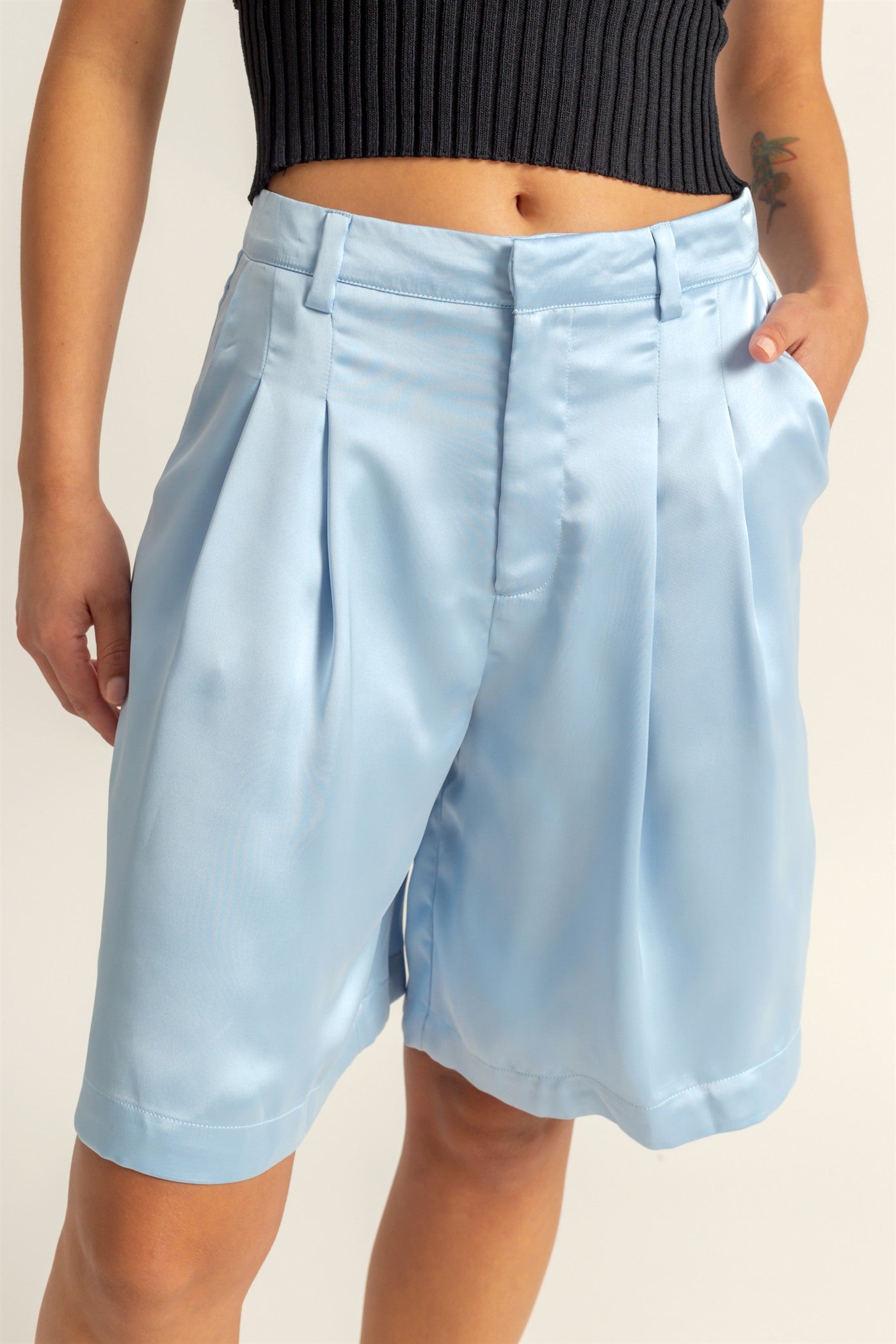 Wholesale High-Waist Pleated Satin Shorts Shorts DZ24E149 ICE BLUE DOUBLE ZERO