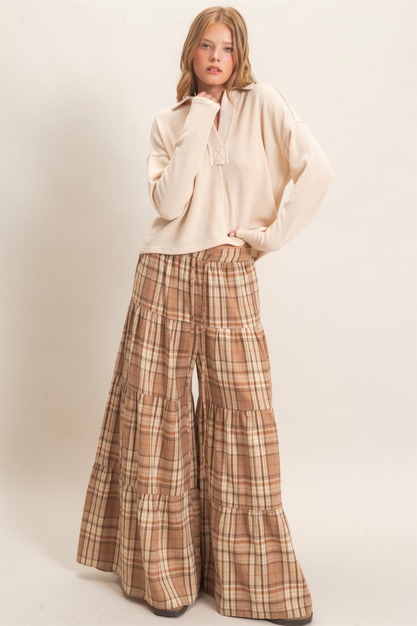 Wholesale Tiered Plaid Wide-Leg Pants Pants HF26E042 MOCHA HYFVE