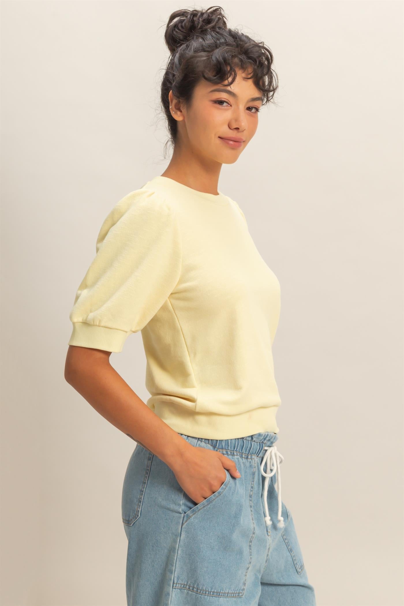 Wholesale Puff Short Sleeve Crew Neck Top Clothing Tops DZ26A927 PALE YELLOW DOUBLE ZERO
