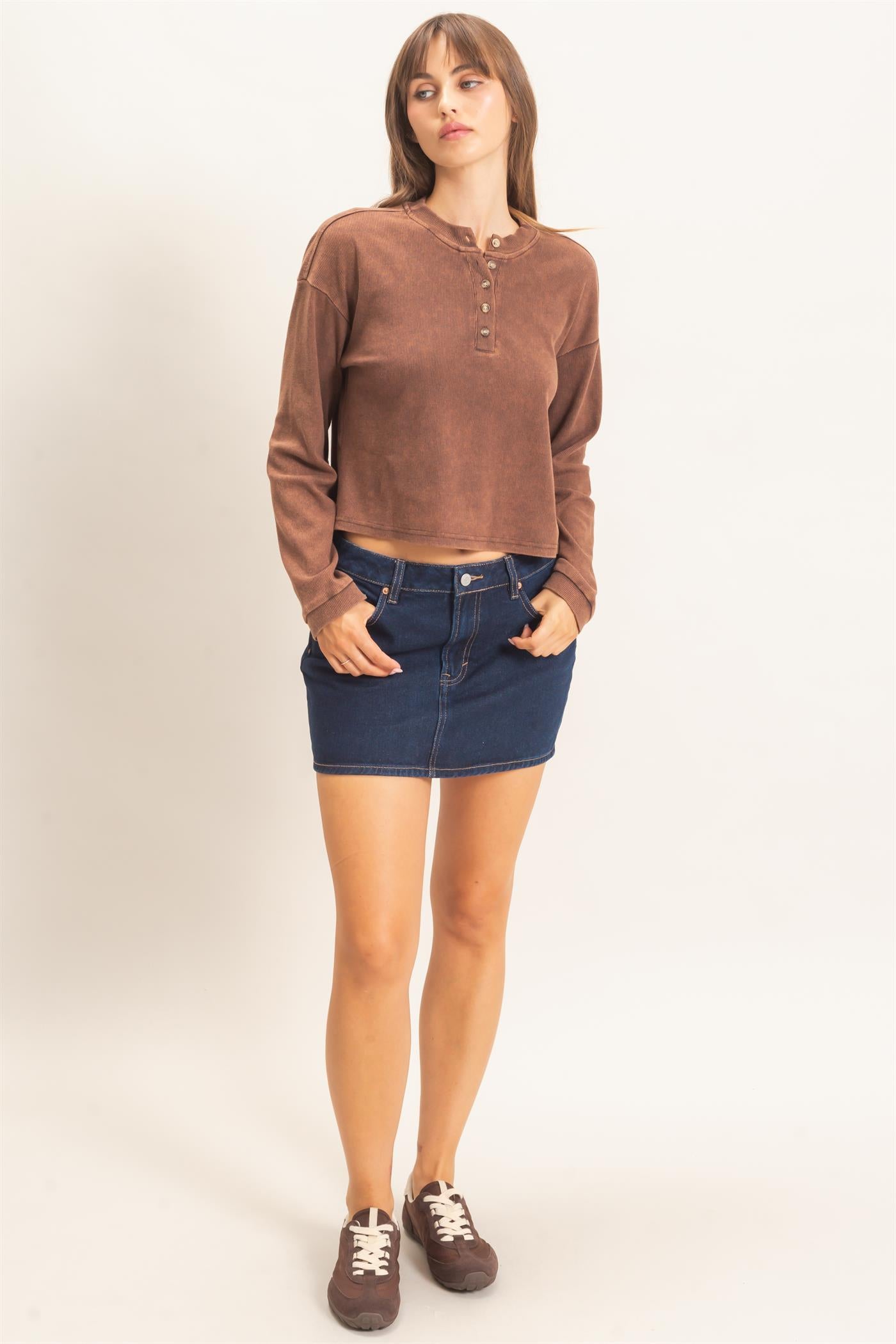 Wholesale Buttoned Henley Top Clothing Tops HF26F081 BROWN HYFVE