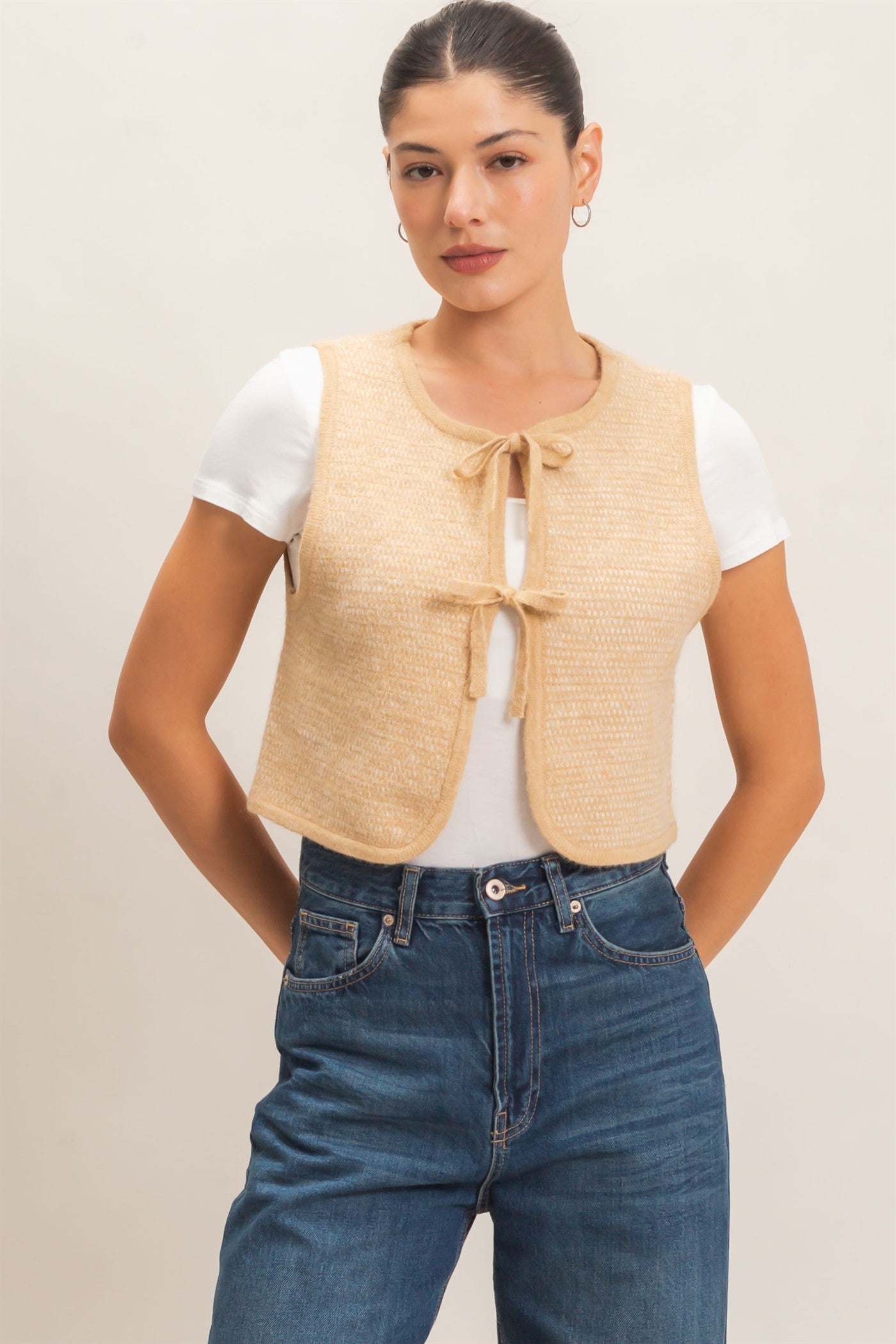 Wholesale Sweater Vest With Front Ties Sweaters HF26E140 TAUPE HYFVE