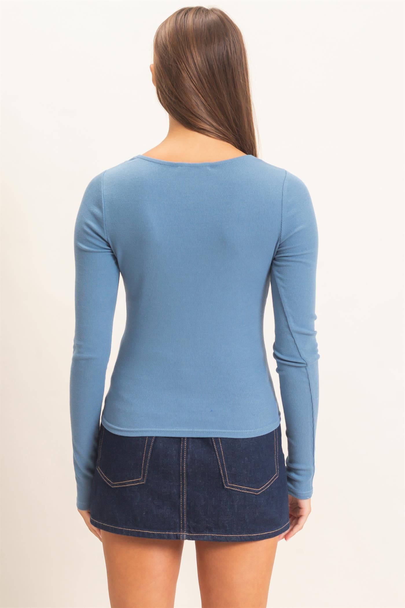 Wholesale Lace Trim V-Neck Top Clothing Tops DZ26E913 DUSTY BLUE DOUBLE ZERO
