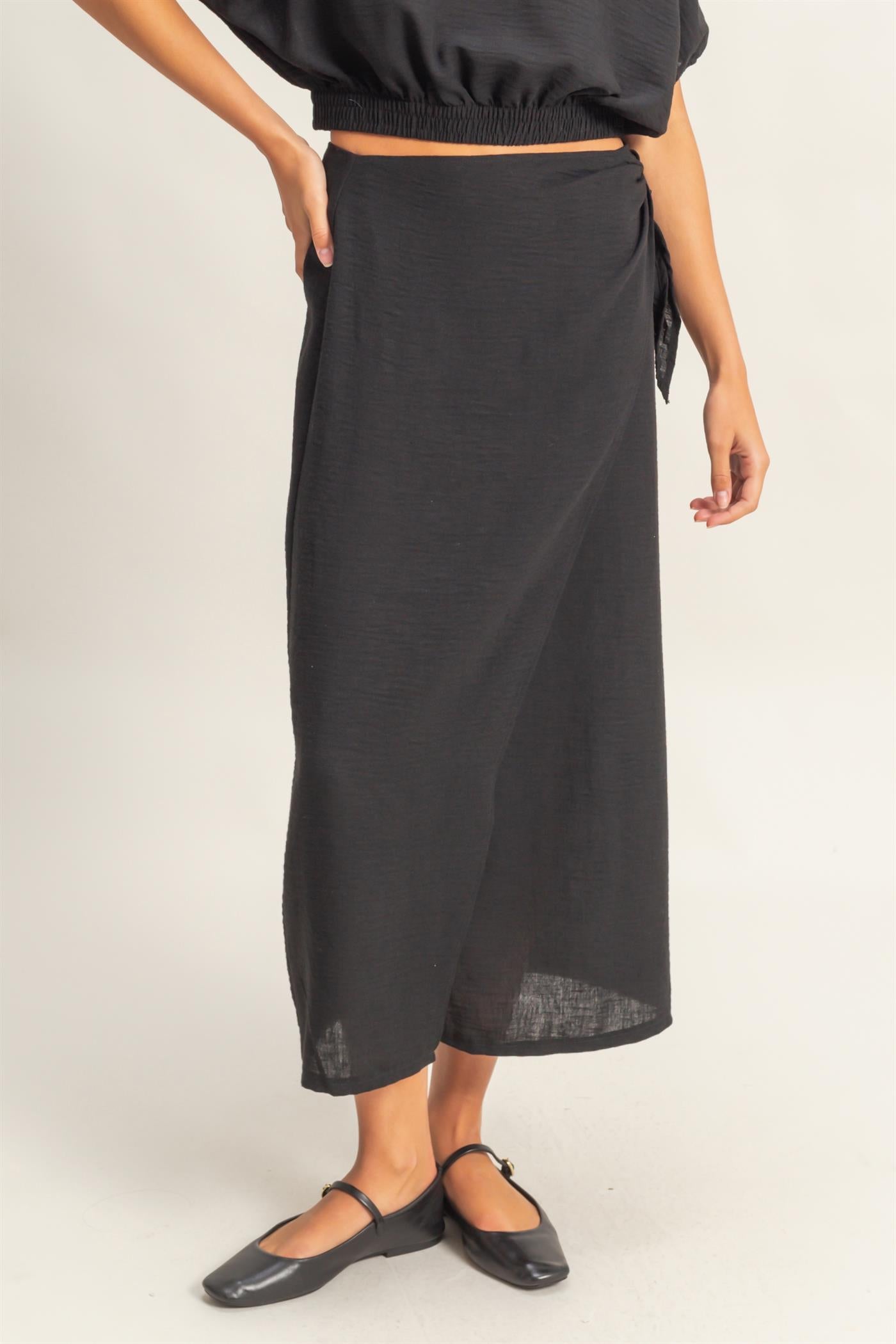Wholesale High Waist Crinkle Woven Maxi Skirt Skirts DZ25C511 BLACK DOUBLE ZERO