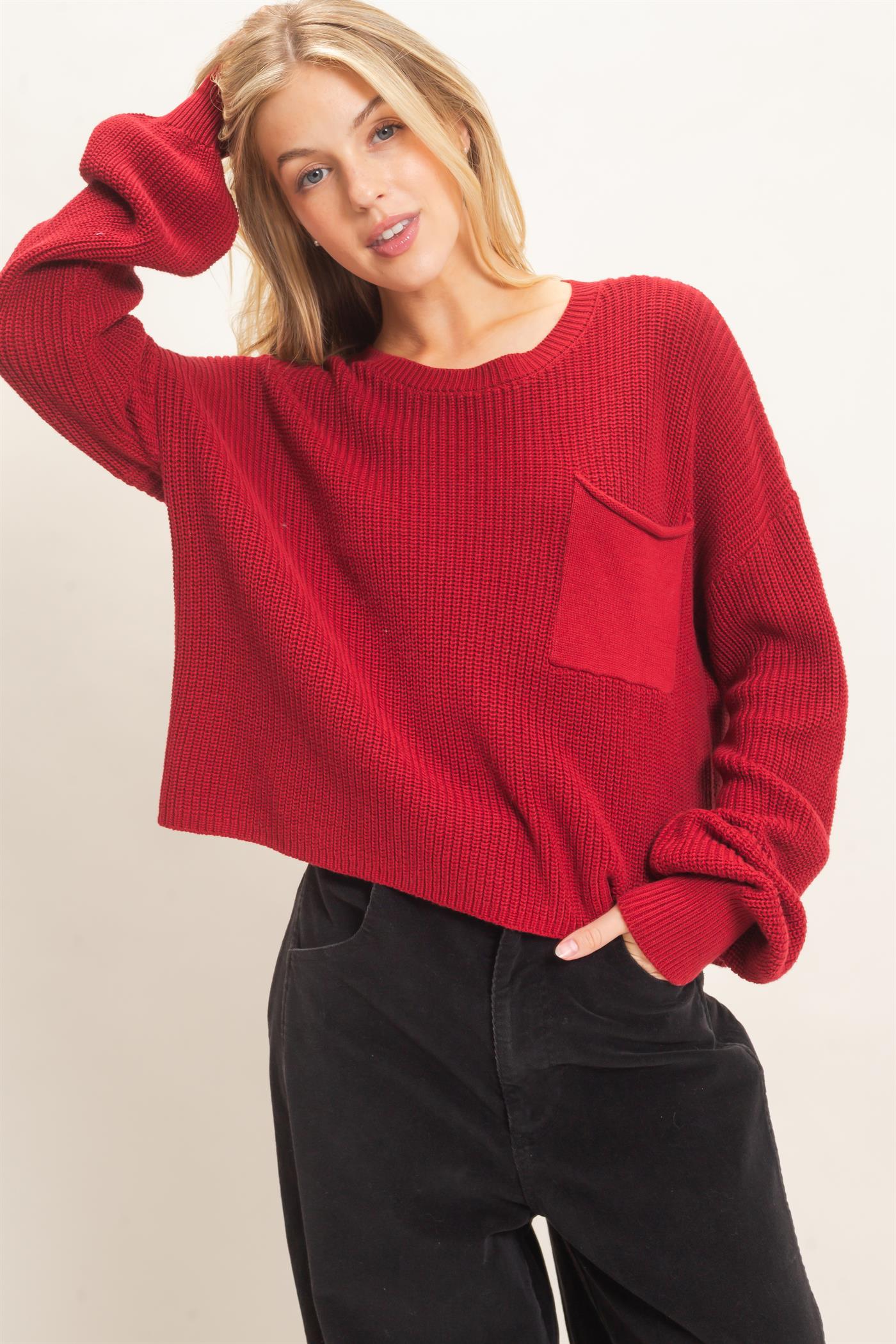 Wholesale Ribbed Drop Shoulder Sweater Sweaters HF26F181 BURGUNDY HYFVE