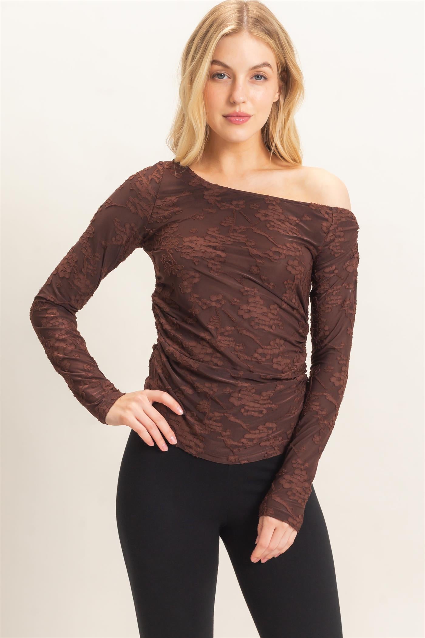Wholesale Textured Mesh Off-Shoulder Top Blouses HF26F043 BROWN HYFVE