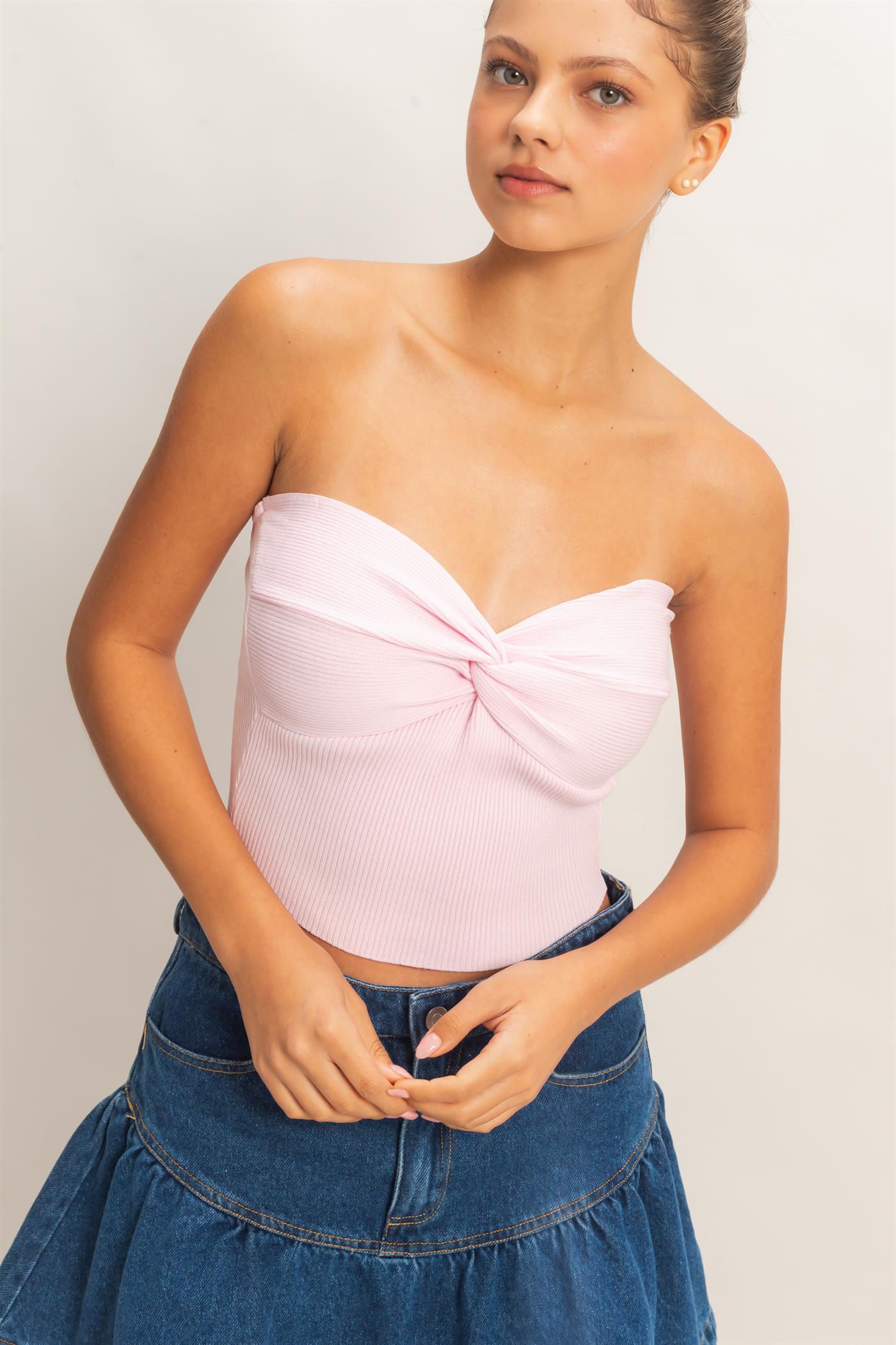 Wholesale Ribbed Knot Bustier Top Clothing Tops DZ26A308 SOFT PINK DOUBLE ZERO