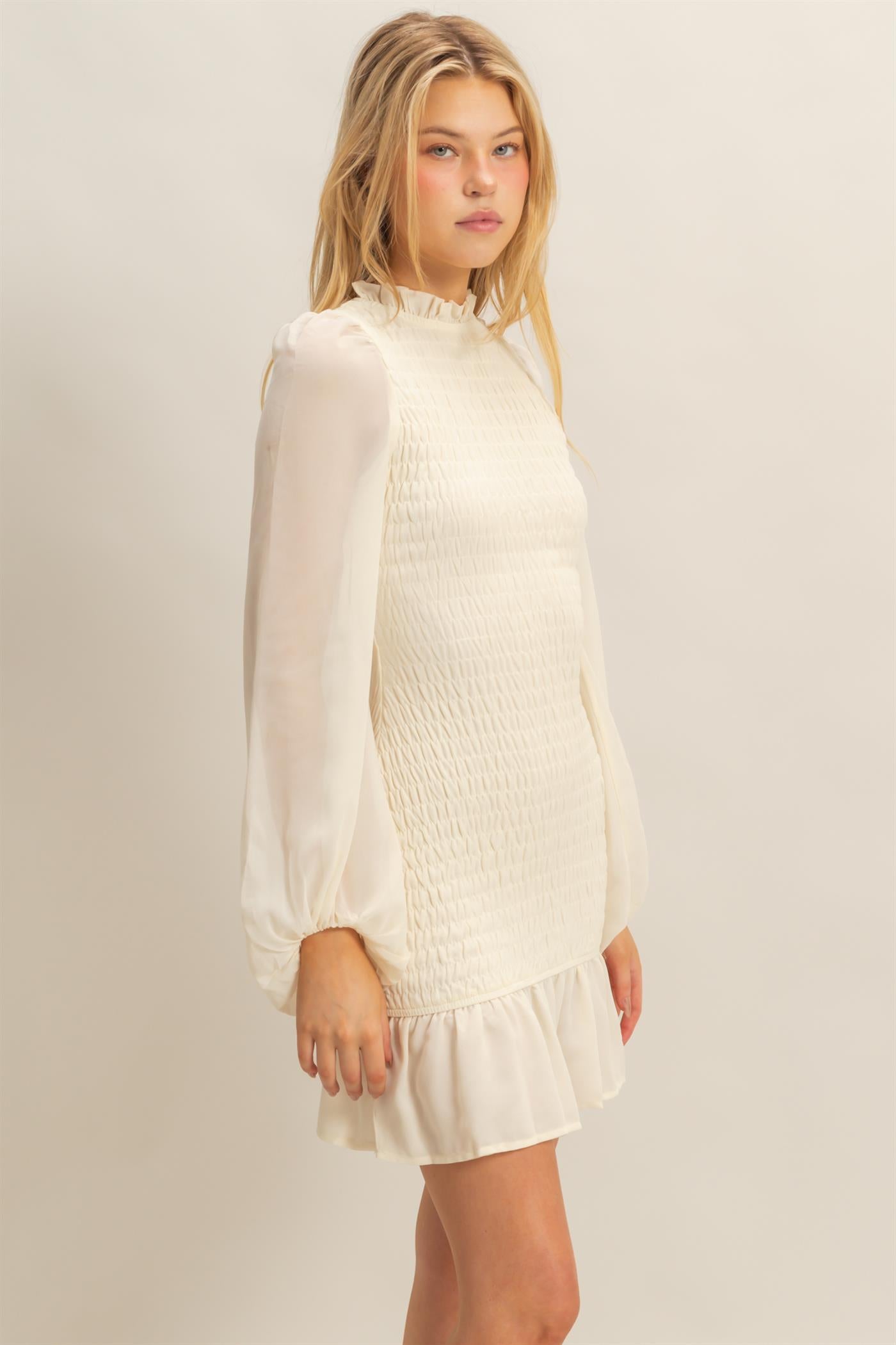 Wholesale Smocked Ruffled Mini Dress Dresses HF23G430 OFF WHITE HYFVE