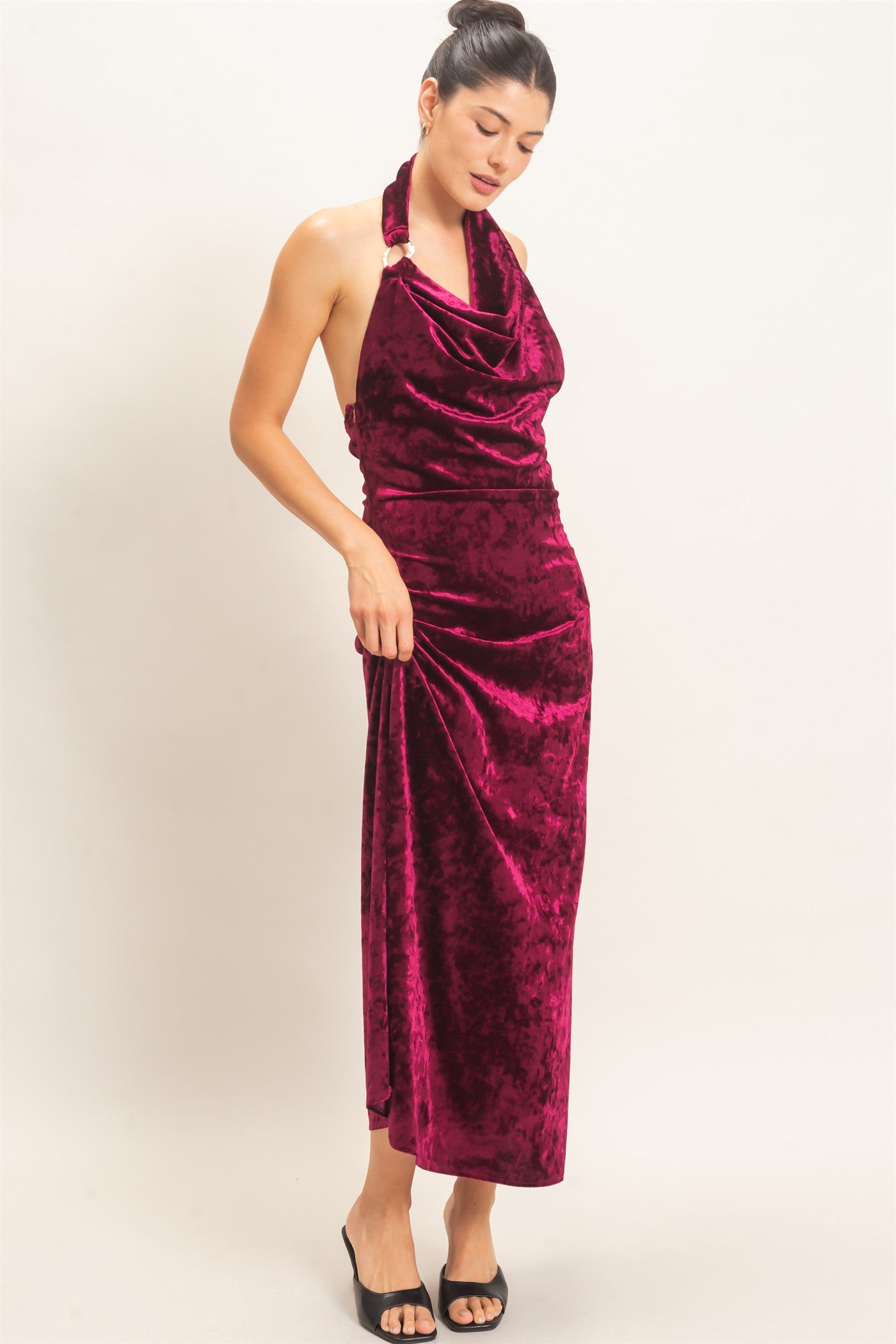 Wholesale Velvet Cowl Neck Halter Dress Dresses HF26F178 BURGUNDY HYFVE