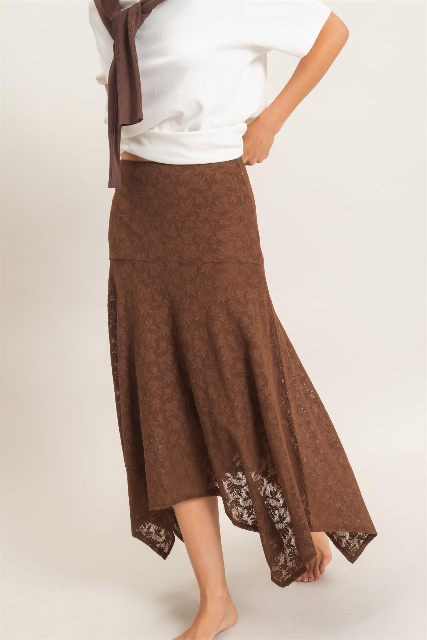 Wholesale Floral Lace Hanky Hem Skirt Skirts HF26E371 BROWN HYFVE