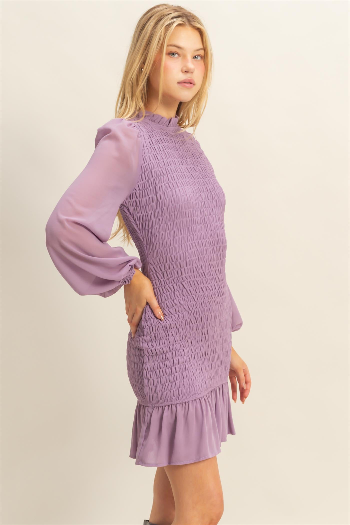 Wholesale Smocked Ruffled Mini Dress Dresses HF23G430 LAVENDER HYFVE