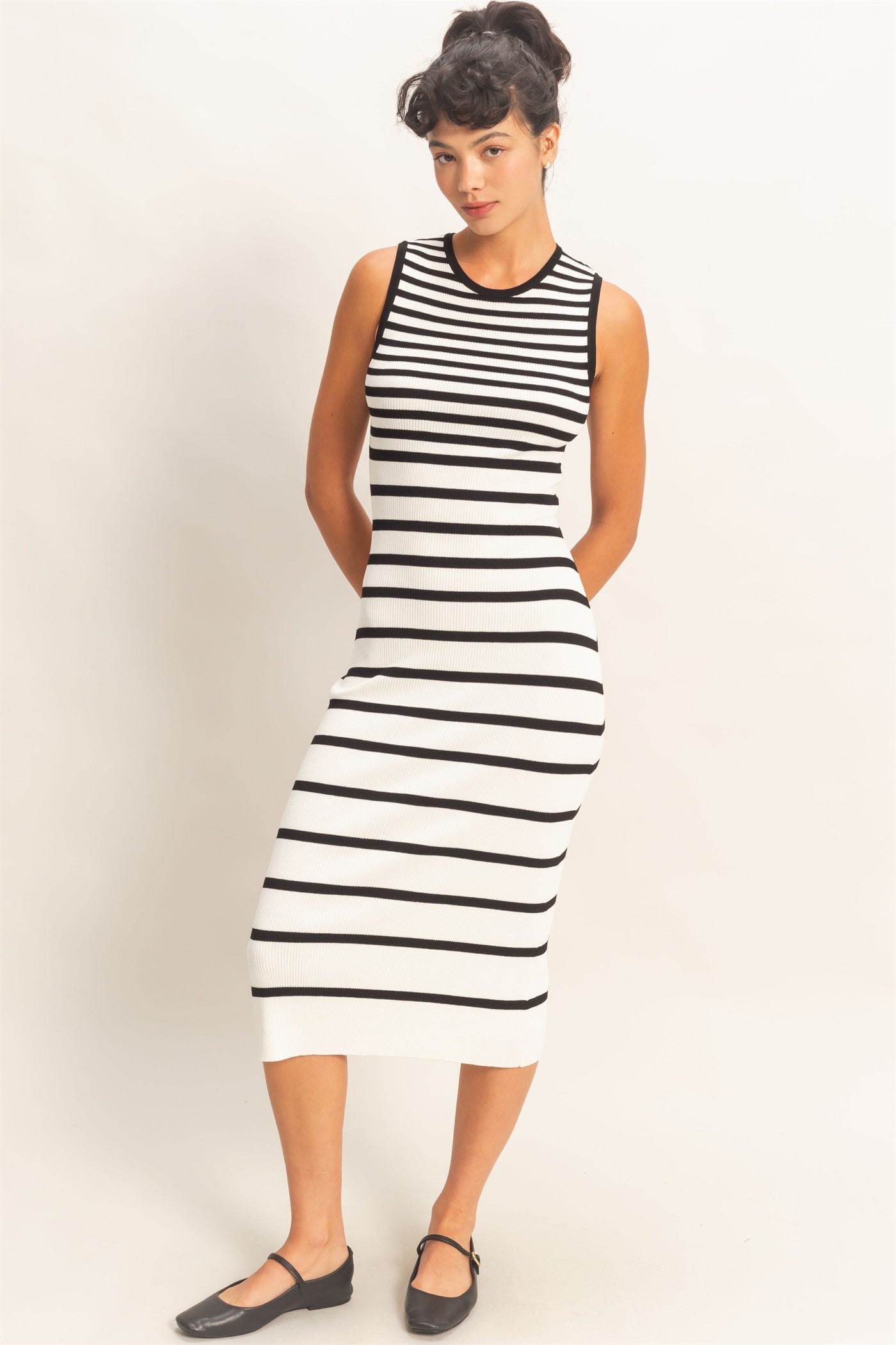 Wholesale Striped Ribbed Tank Midi Dress Dresses DZ26A797 WHITE DOUBLE ZERO