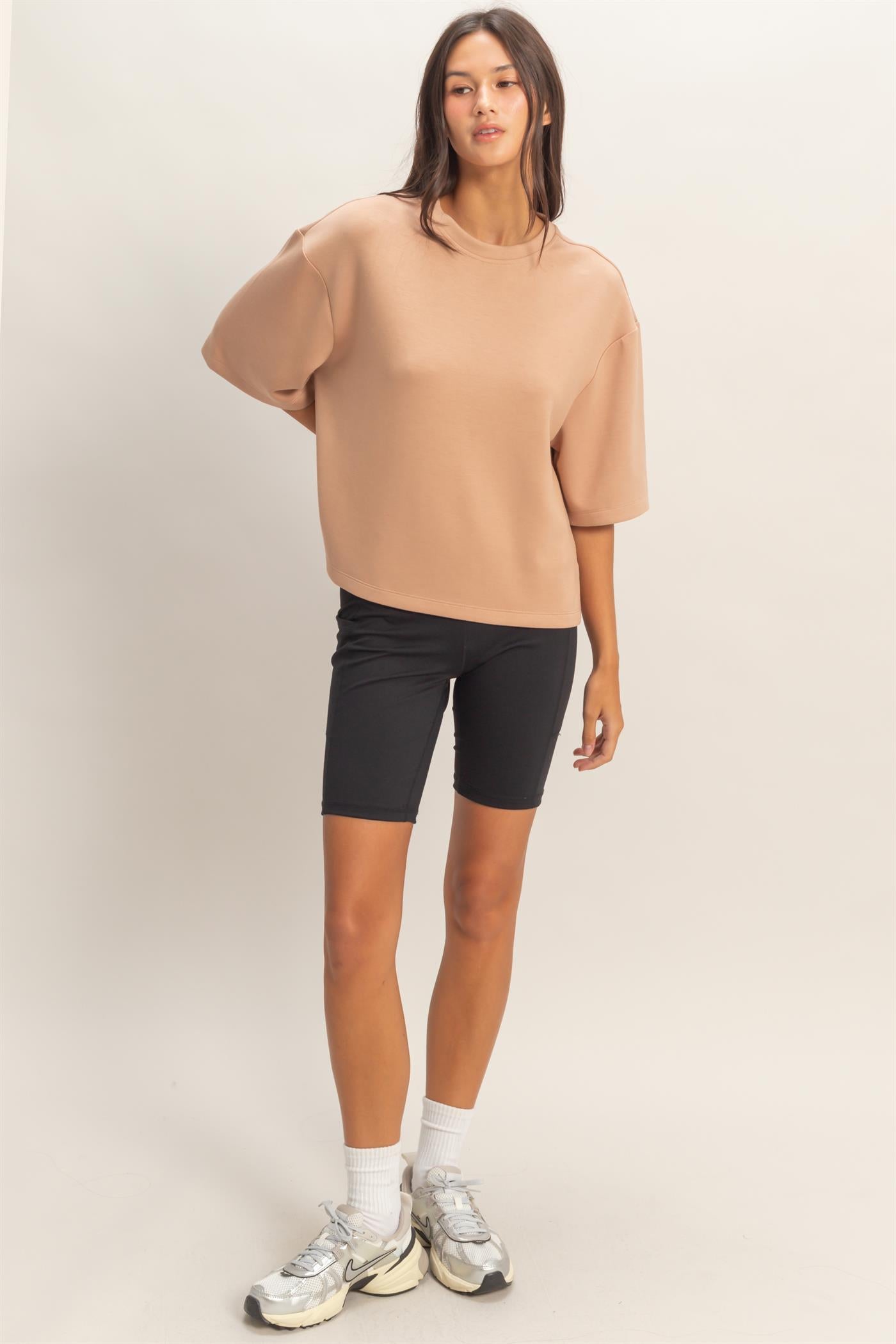 Wholesale Scuba Short Sleeve Boxy Top T-Shirts DZ26A271 DARK TAUPE DOUBLE ZERO