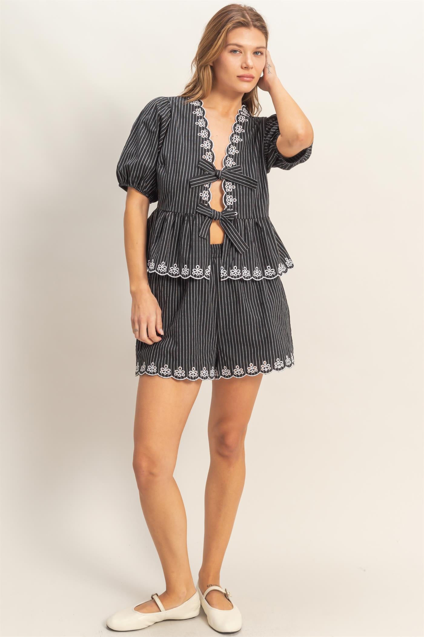 Wholesale Striped Tie-Front Embroidered Peplum Top Clothing Tops HF26C145 BLACK HYFVE