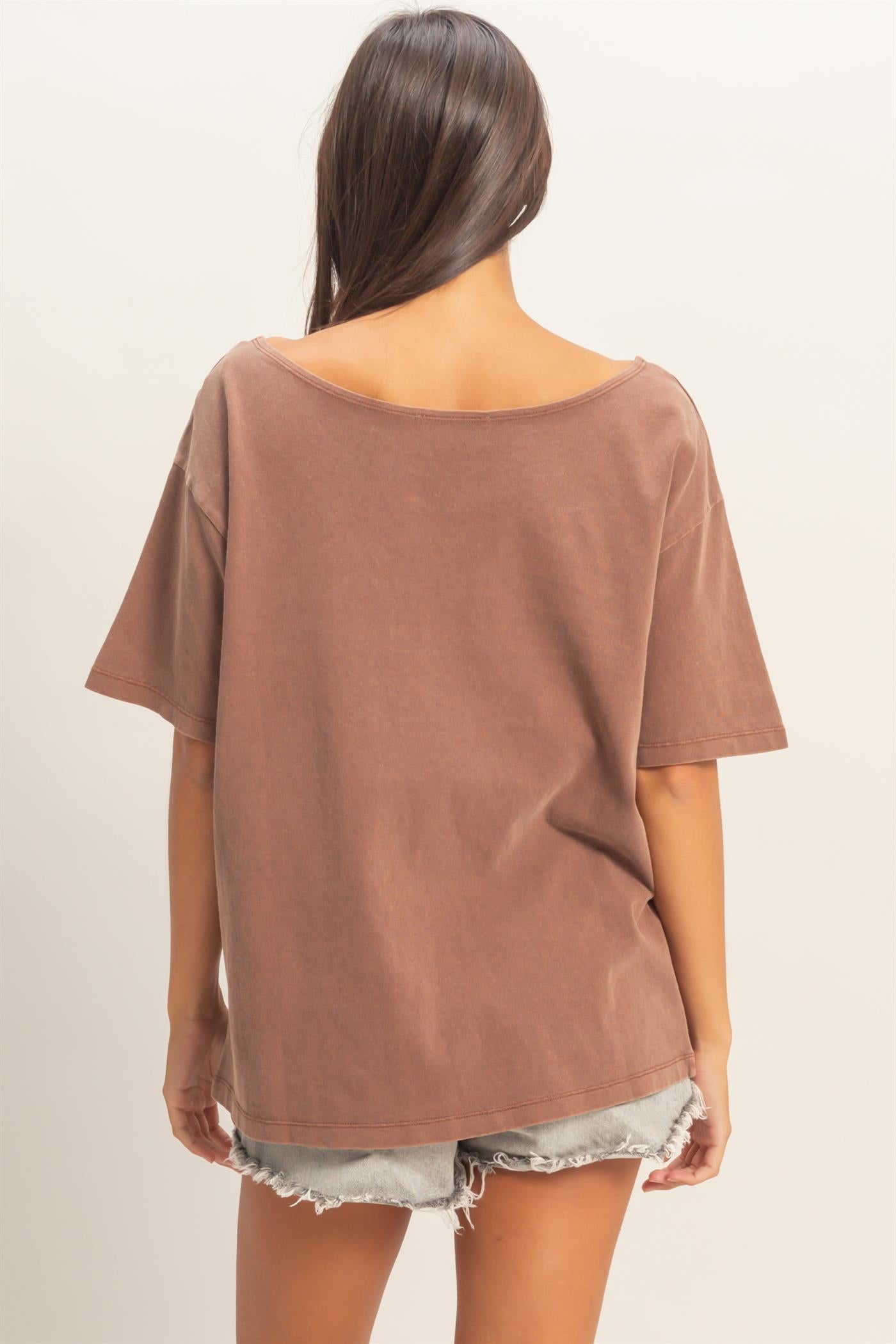 Wholesale Boat Neck Short Sleeve Basic Tee Clothing Tops DZ25E242 CHESTNUT DOUBLE ZERO