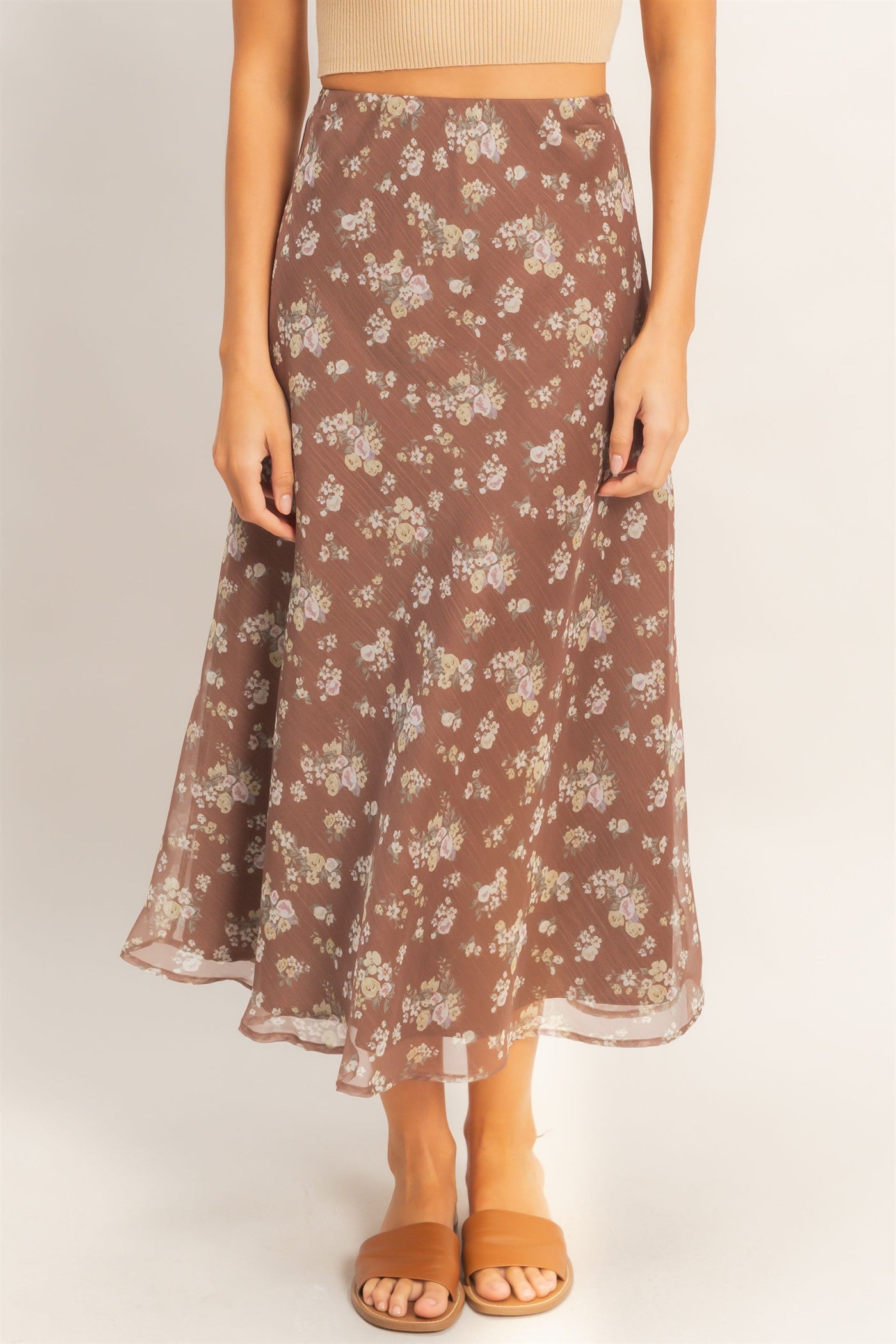 Wholesale Floral Print Bias Skirt Skirts HF26E649 BROWN HYFVE