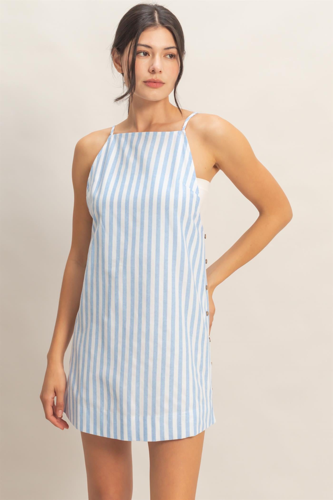 Wholesale Striped Straight Neck Mini Dress Dresses HF26C080 BLUE HYFVE