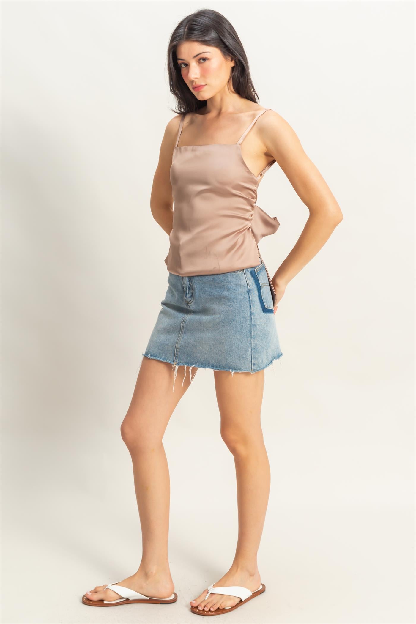 Wholesale Satin Back Tie Detail Sleeveless Top Clothing Tops DZ25C126 DARK TAUPE DOUBLE ZERO