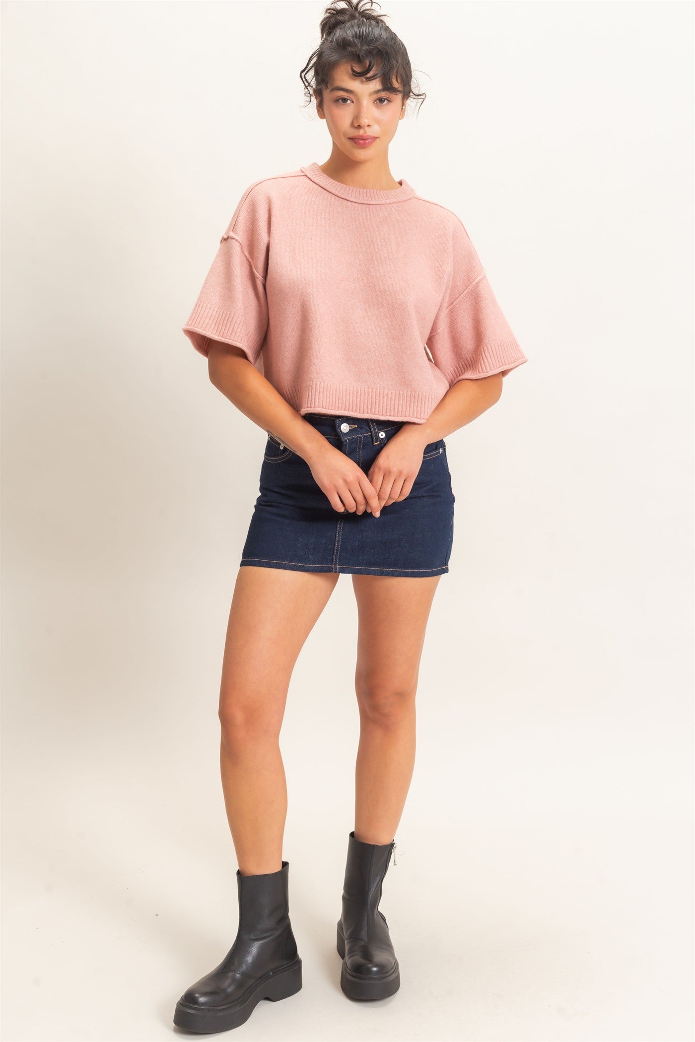 Wholesale Seam Detail Short Sleeve Knit Top Clothing Tops DZ26A827 DUSTY PINK DOUBLE ZERO