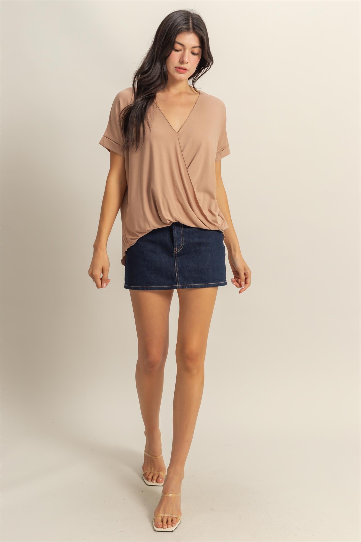 Wholesale Short Sleeve Surplice Top Clothing Tops DZ25E289 DARK TAUPE DOUBLE ZERO