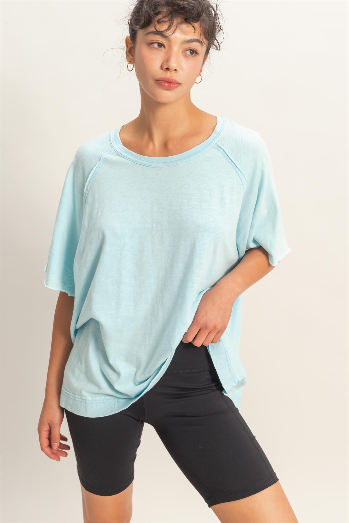 Wholesale Acid Washed Oversized Raw Edges Raglan Tee T-Shirts DZ26A333 BLUE DOUBLE ZERO