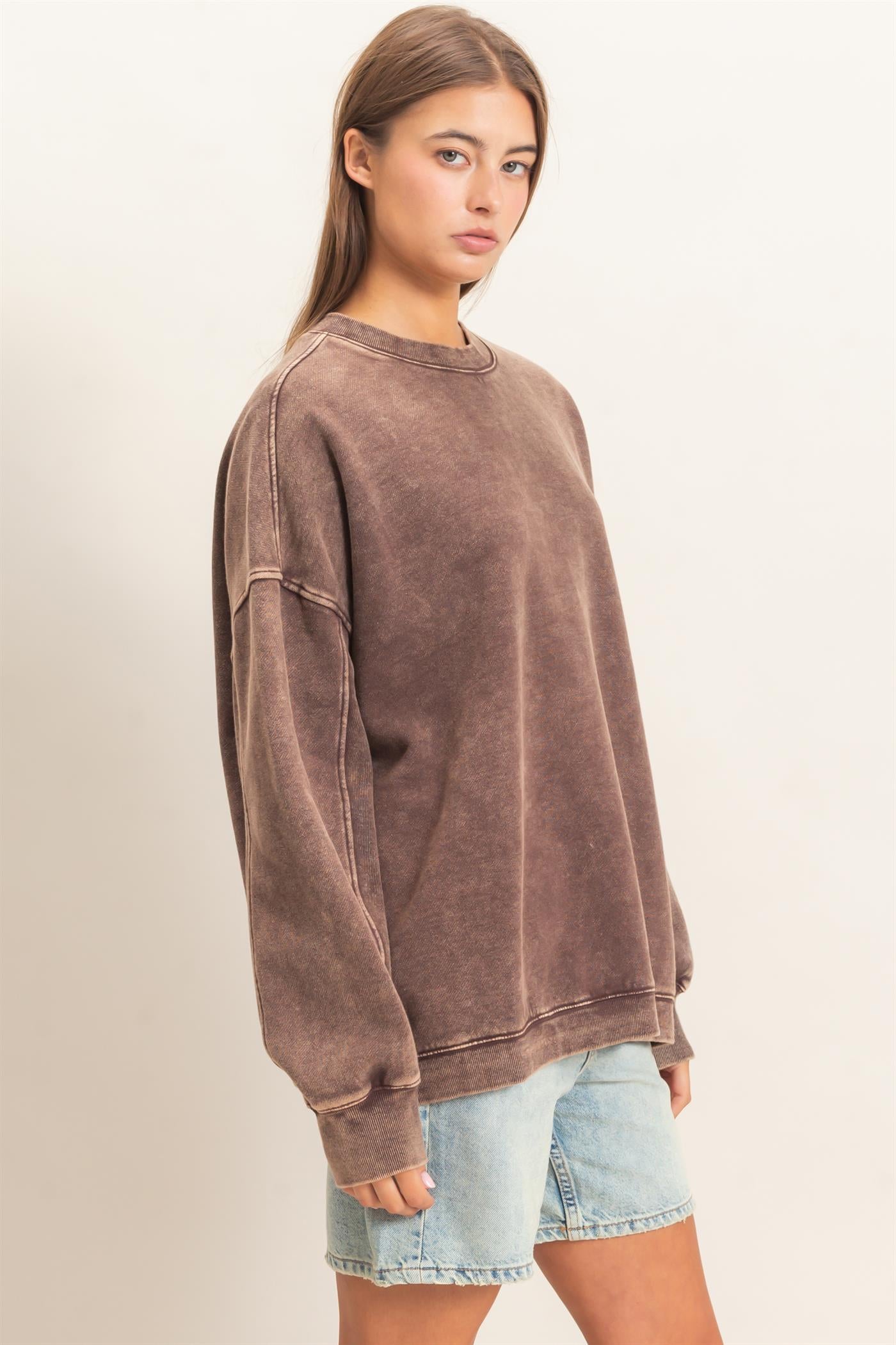 Wholesale Acid Wash Crew Neck Long Sleeve Sweatshirt Sweatshirts DZ26E268 DARK BROWN DOUBLE ZERO